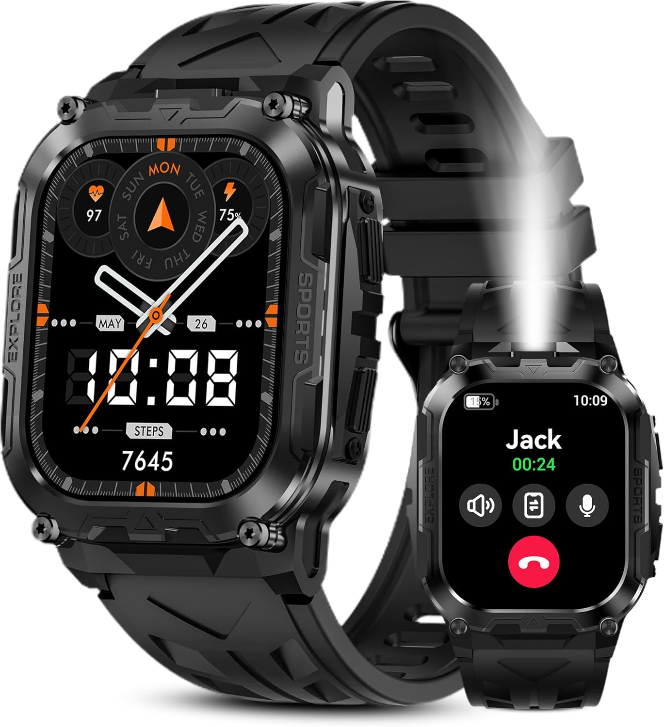 AMAZTIM Smart Watch for Men, 130 Days Extra-Long Battery, 1.96" Full Metal Rugged Military Watch, 50M Waterproof, Flashlight, 24\/7 Heart Rate Sleep Monitor, Answer\/Dial Calls, for Android &amp; 