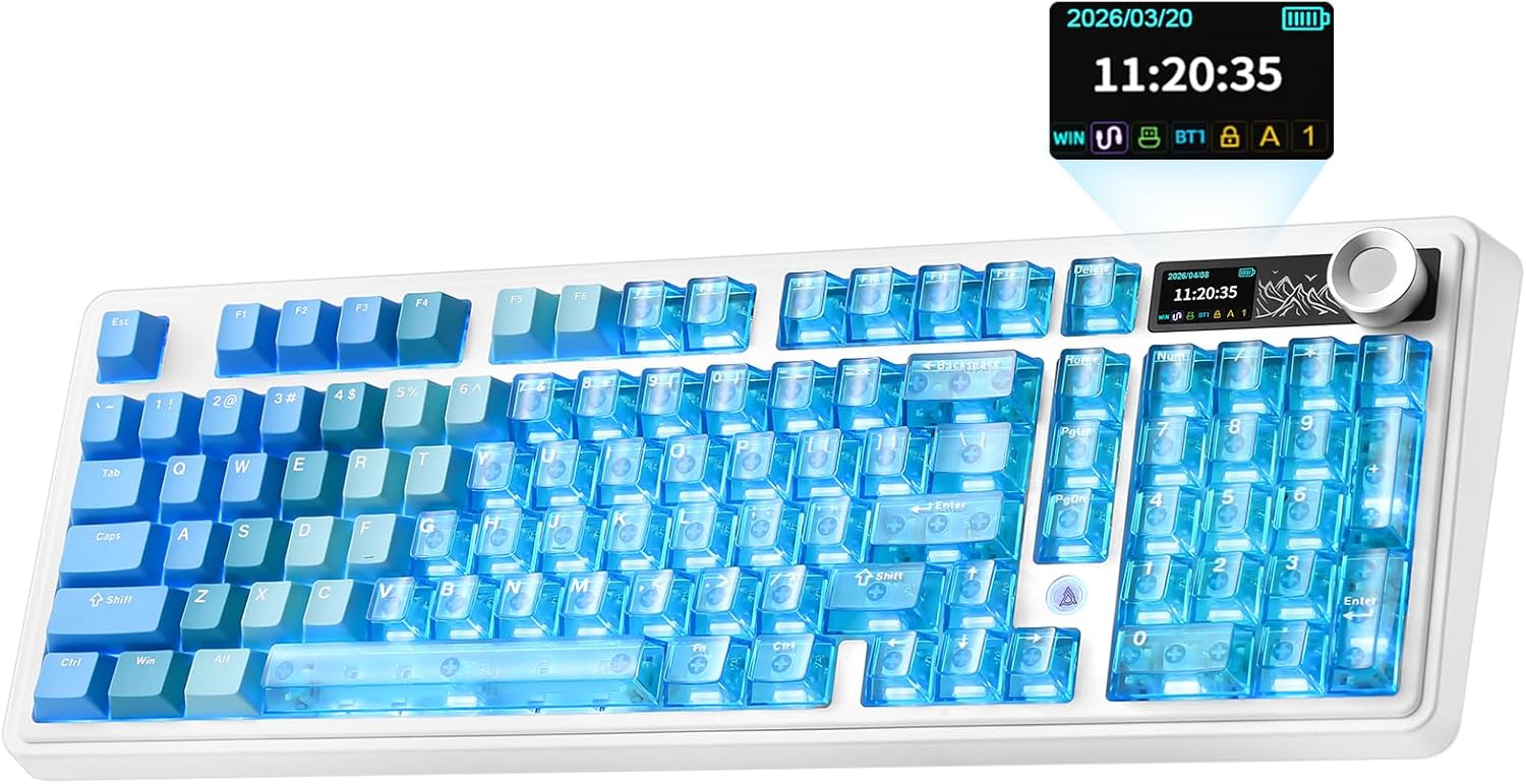 MIKIBY AJAZZ AK980 V2 Pro 98% Dual 8K Mechanical Keyboard, 10000mAh Wireless Tri-Mode Gaming Keyboard with Smart Display &amp; Knob, Hot Swappable BT\/2.4G\/USB-C for Win\/Mac (Blue,Lychee Switch)