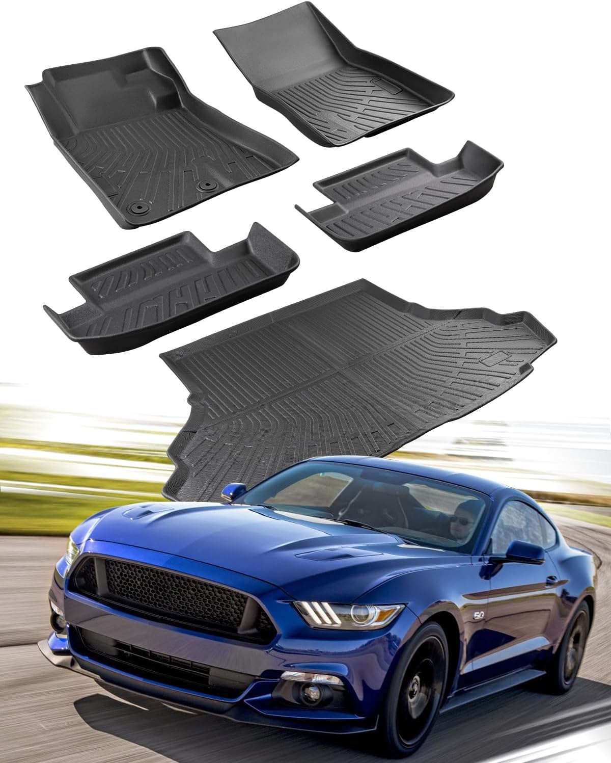 CARxion® for Ford Mustang Floor Mats &amp; Cargo Liner (2015-2024 2025 2026, All Weather 5PCS Full Set, Not for Mach-E)