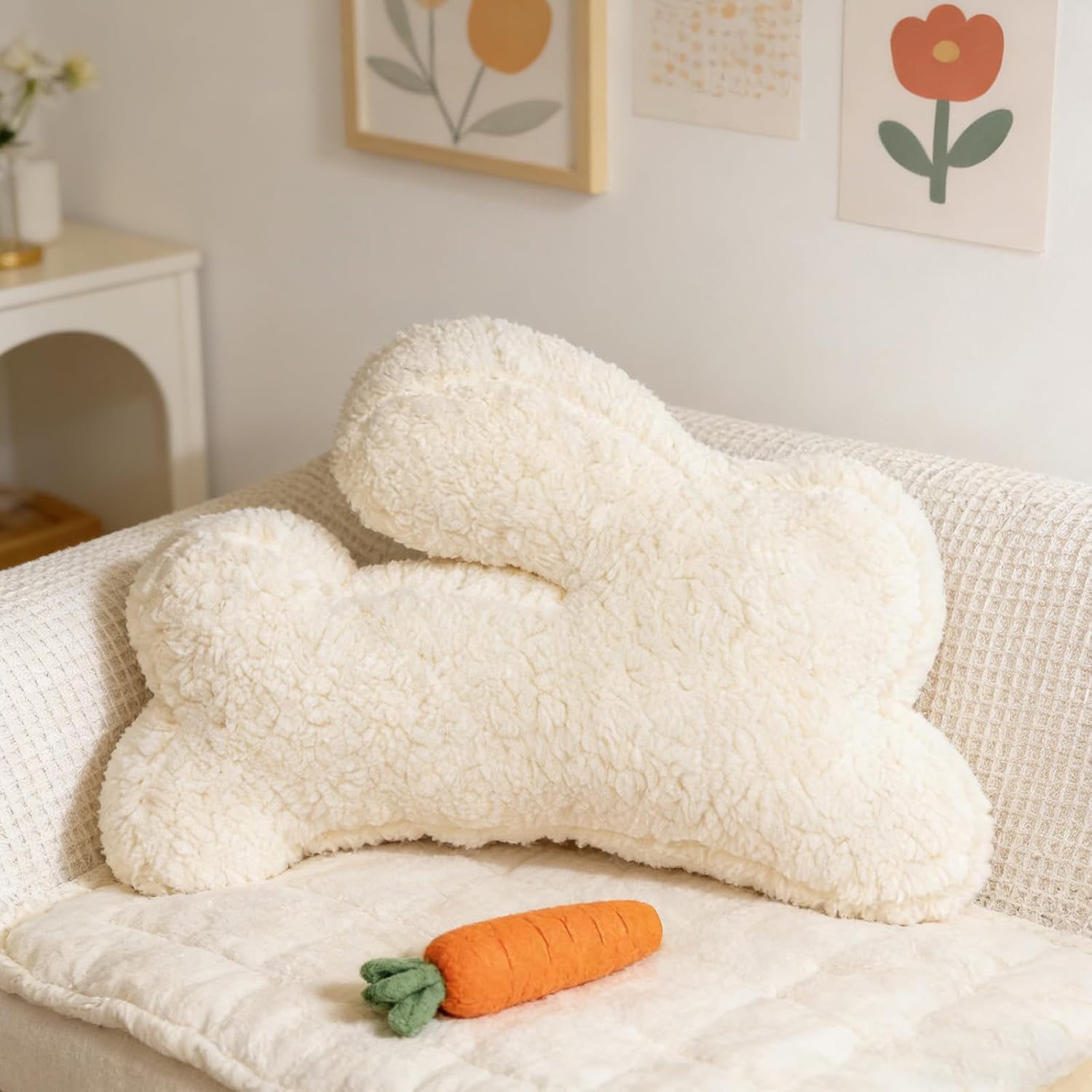 JoraLion Bunny Throw Pillow, Sherpa Cute Rabbit Soft Plush Throw Pillow, Holiday Huggable Home Decor for Couch Sofa Bed Living Room, Cream
