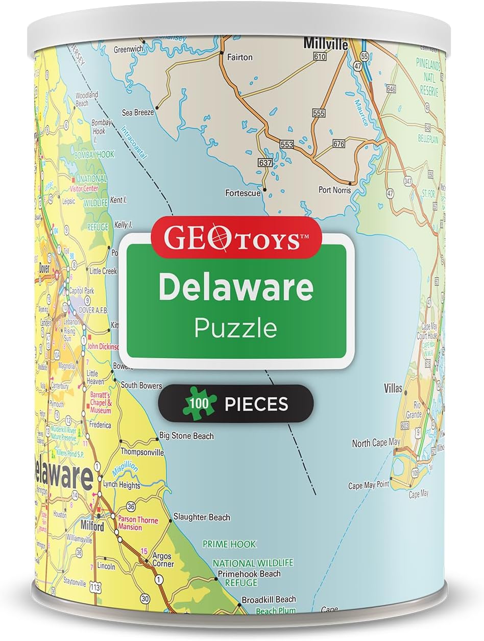Geotoys Delaware Mini State Puzzle \u2013 100 Piece Puzzles for Kids and Adults in Portable Can, 13" x 10" Educational Travel Puzzle for Ages 7 and Up \u2013 Mini Puzzles to Learn &amp; Explor