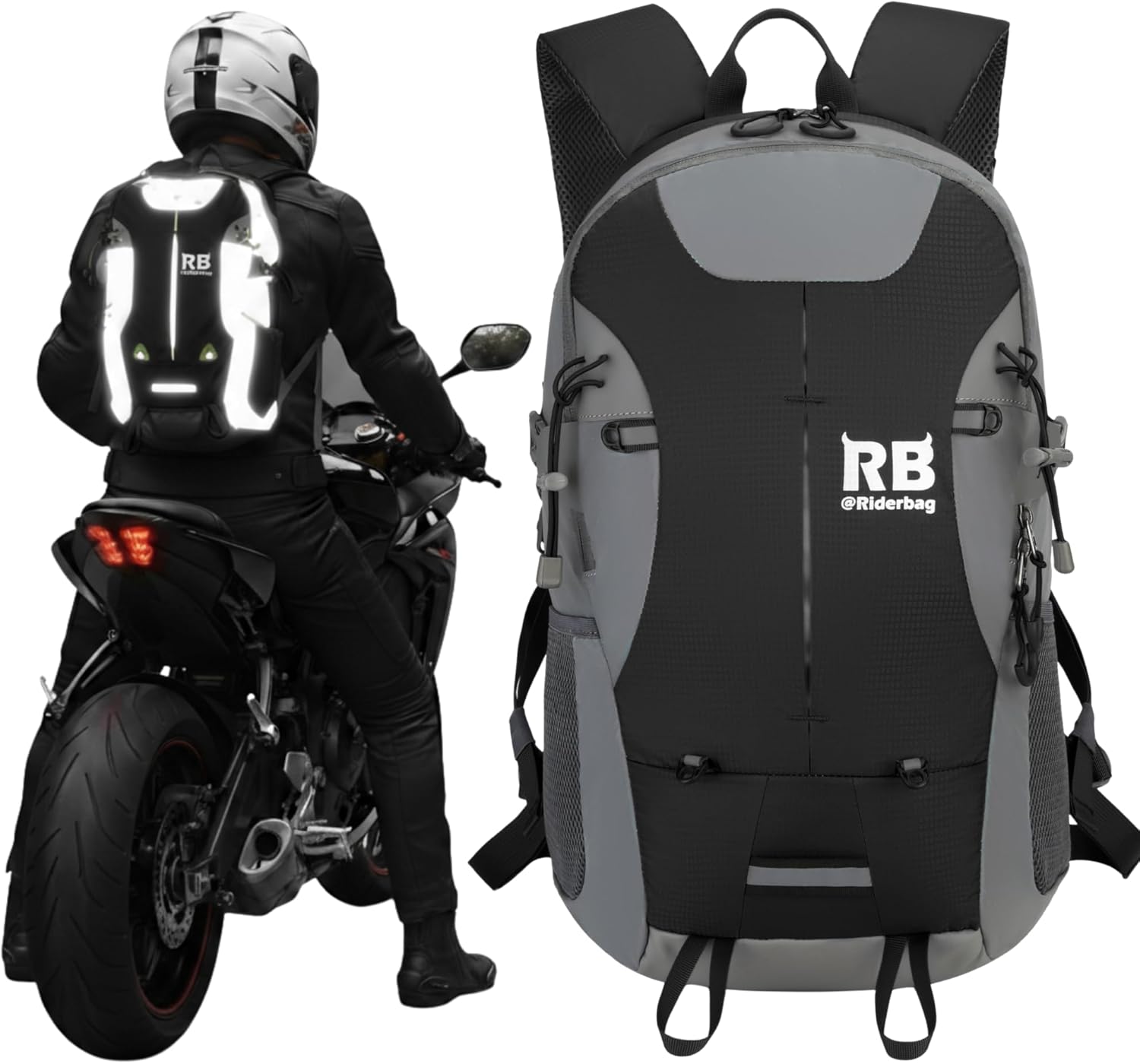 Reflective Motorcycle Backpack \u2013 Hi Viz EDC Commuter Bag for Riders, Night Travel, and Daily Use with Helmet Holder, Laptop Compartment, Ventilated Back, Urban Gear (black backpack)