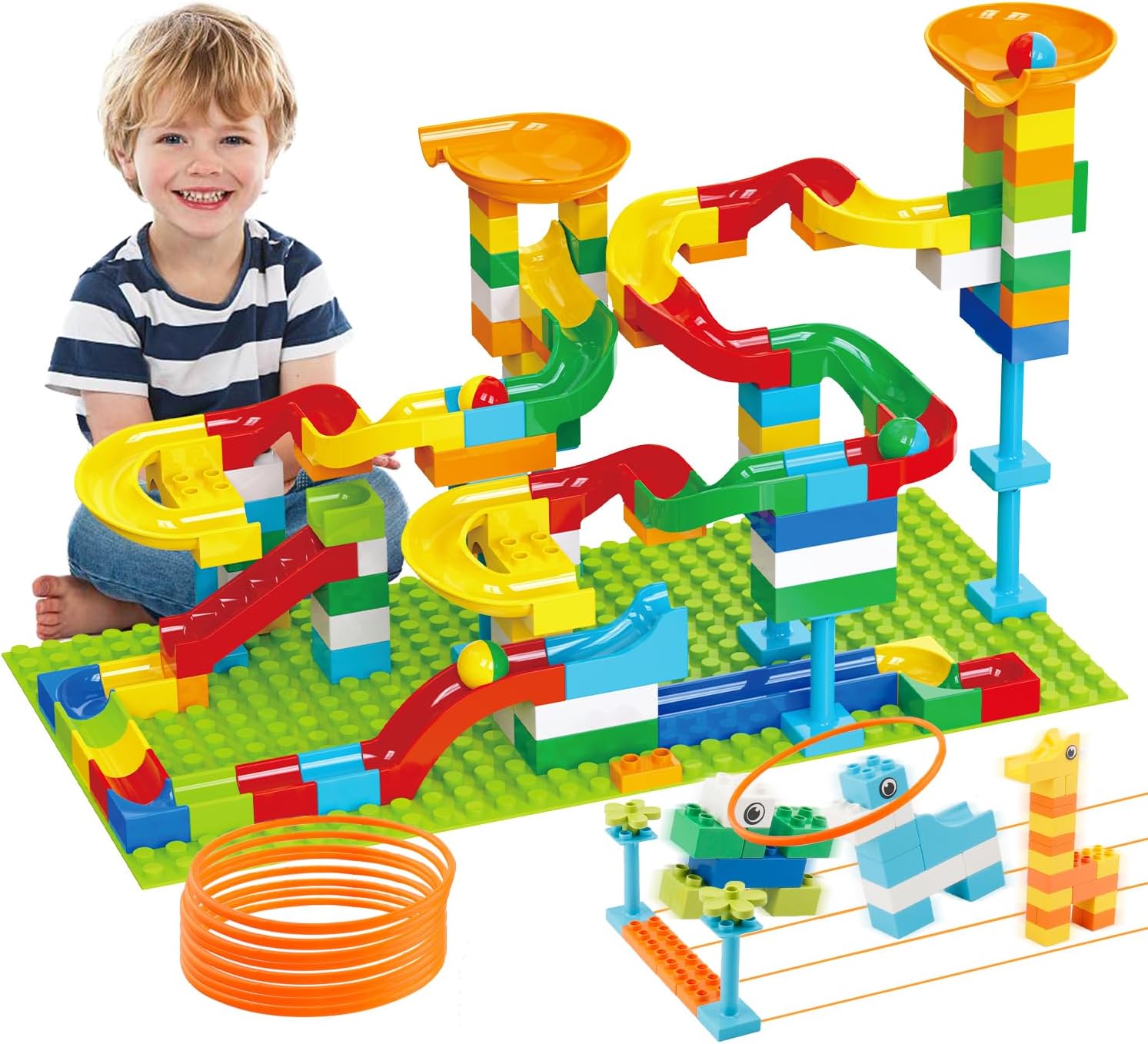 Anpcso Marble Run Building Blocks for Kids Age 3-8, 128 Pcs STEM Building Bricks Set with Toss Ring Game, Educational Learning Toys for Toddlers Boys Girls Gifts- Compatible with All Major Brands
