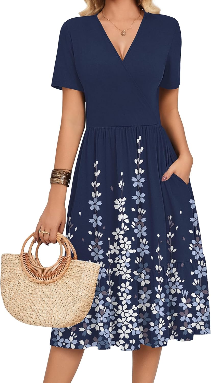 Zeagoo Womens Summer Casual Dresses Short Sleeve Midi Warp V-Neck Floral Dress with Pockets Tiered Flowy A Line Sundress