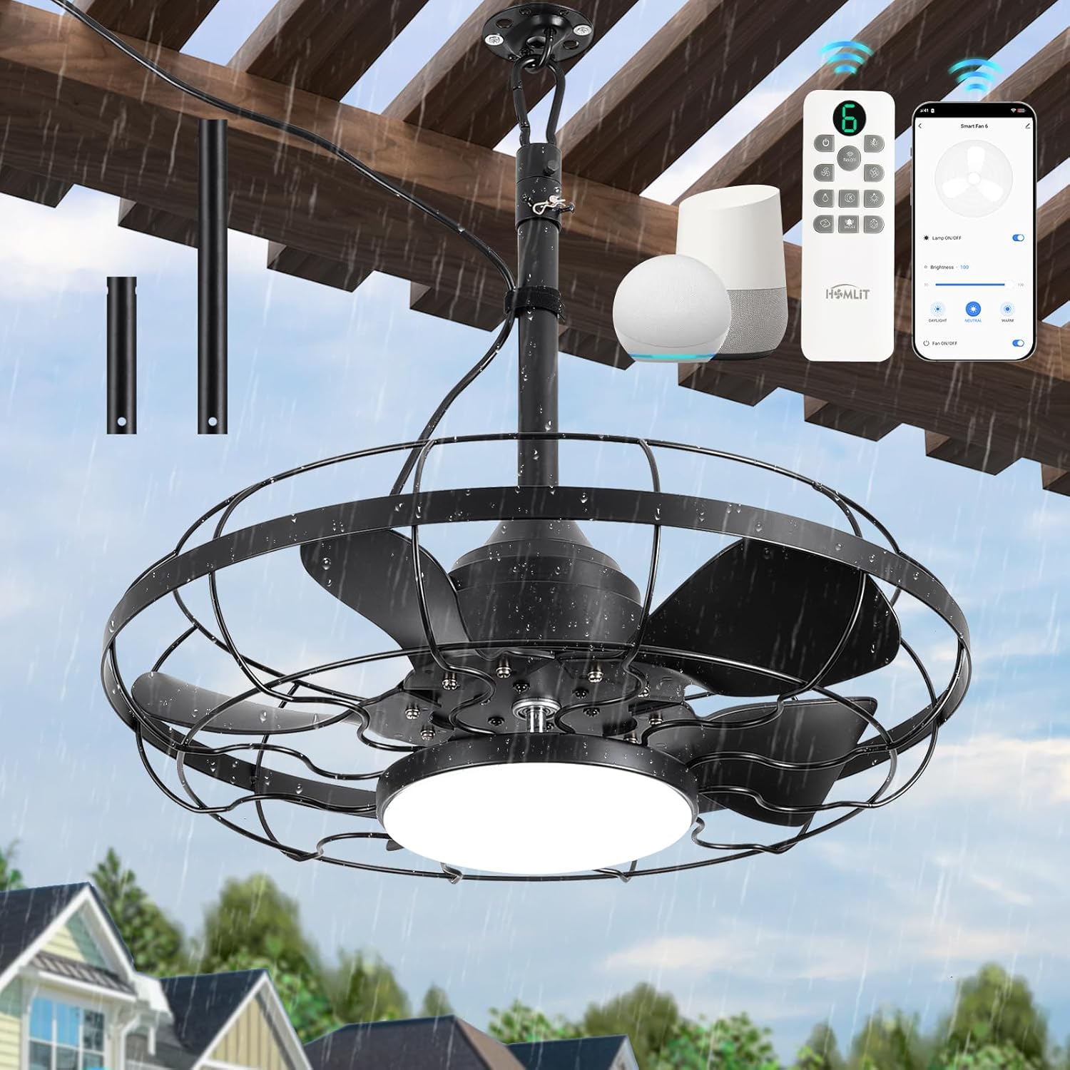 Homlit Outdoor Ceiling Fan with Light for Patios, 21" Gazebo Fans Outdoor Hanging, IP65 Waterproof Plug in Ceiling Fan with Alexa\/Google\/App Control, 3CCT Dimmable 6-Speeds for Patios Porch Perg