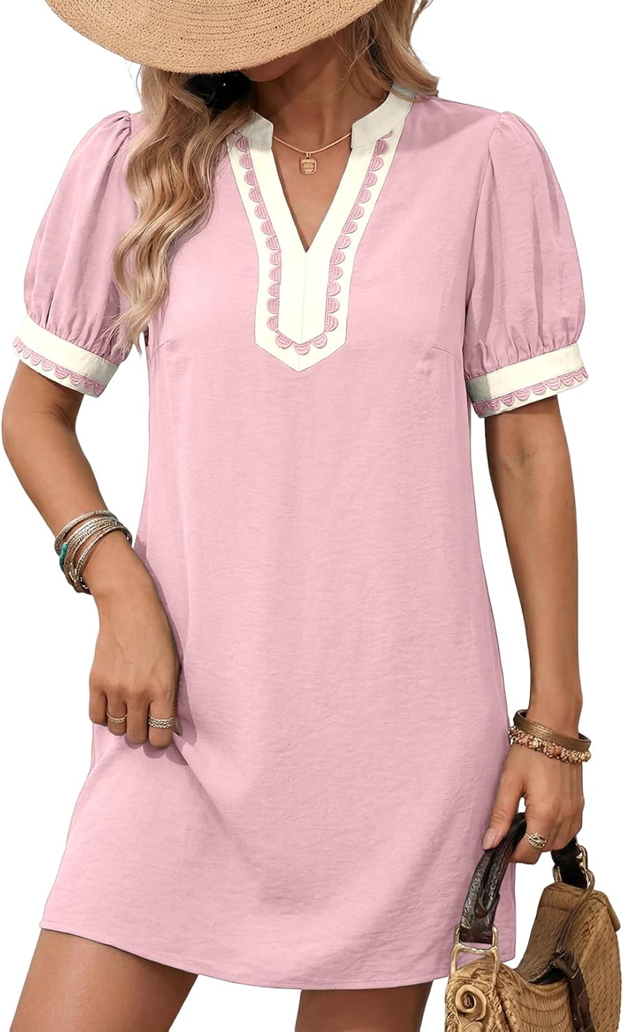 Dokotoo Summer Dresses for Women 2026 Boho Floral Puff Short Sleeve V Neck Trim Casual Mini Dress Sundress