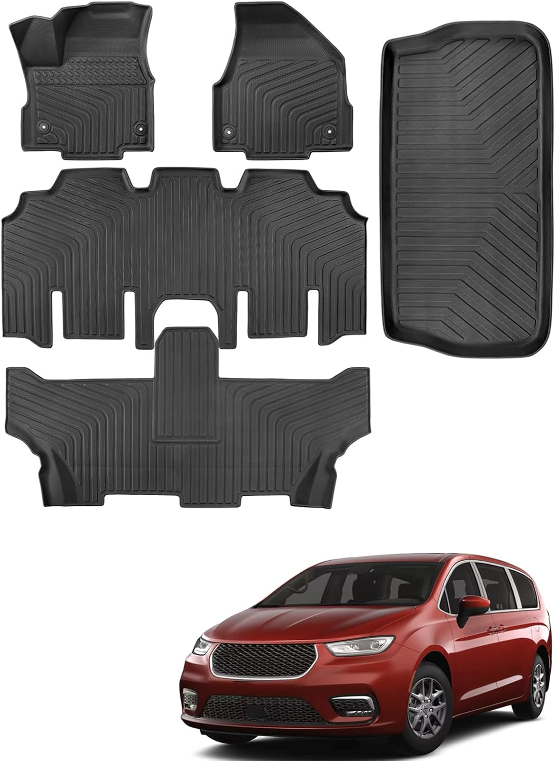 for Chrysler Pacifica 2017-2025 2026 7\/8 Passenger (No Hybrid) Floor Mats Cargo Liner Carpet All Weather TPE Mat for Voyager 2020-2026, for Pacifica\/Voyager 2018 2019 2021 2022 2023 2024 Accessories