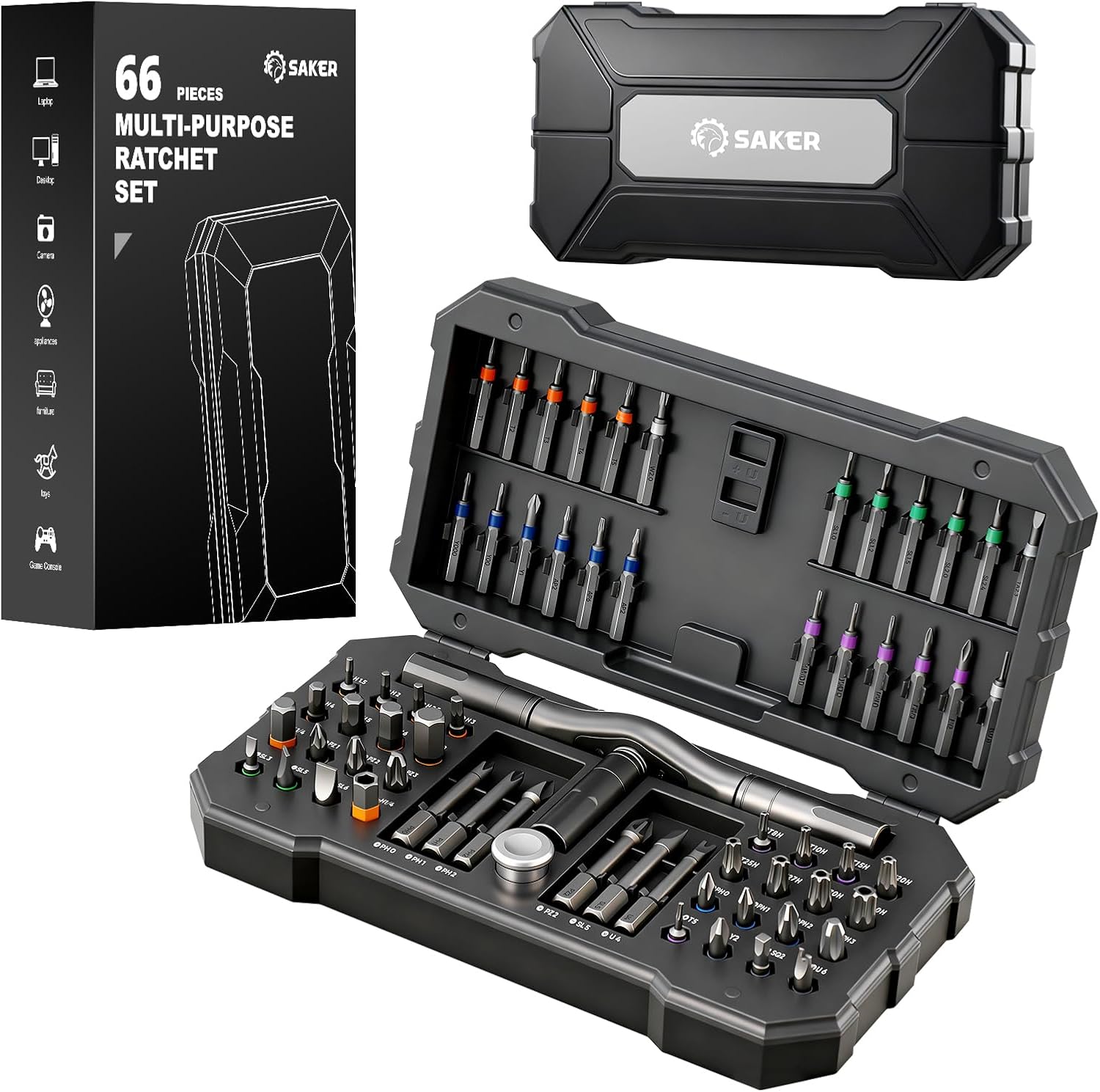 Saker 66 in 1 Magnetic Screwdriver Set Portable Multi Bit Ratcheting Screwdriver Kit with Detachable Handle for Home Electronics,Computer,Furniture, Bike,DIY,Gifts