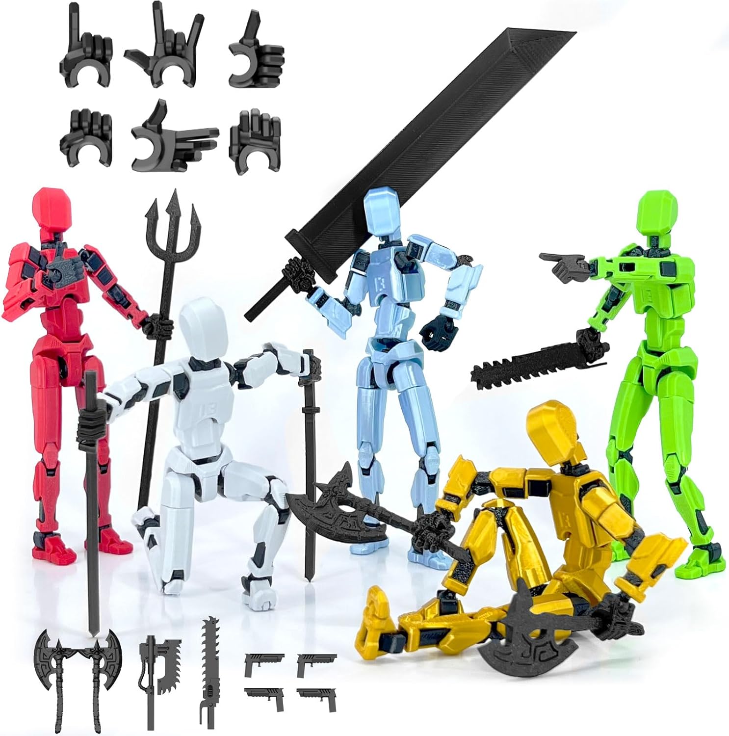 【5-Pack】(Assembly Completed) Dummy 13 Action Figure Set, Titan 13 Robot Action Figure 3D Printed robo 13 Articulated, Dummy for Collectors Desktop Decorations, Black Green Red White Blue