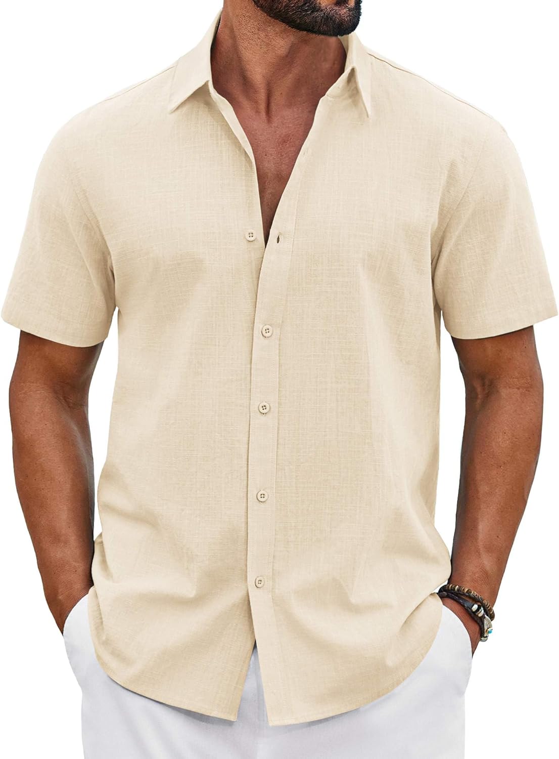 COOFANDY Mens Button Down Shirts Short Sleeve Casual Shirt Cotton Summer Beach Linen Wedding Shirts