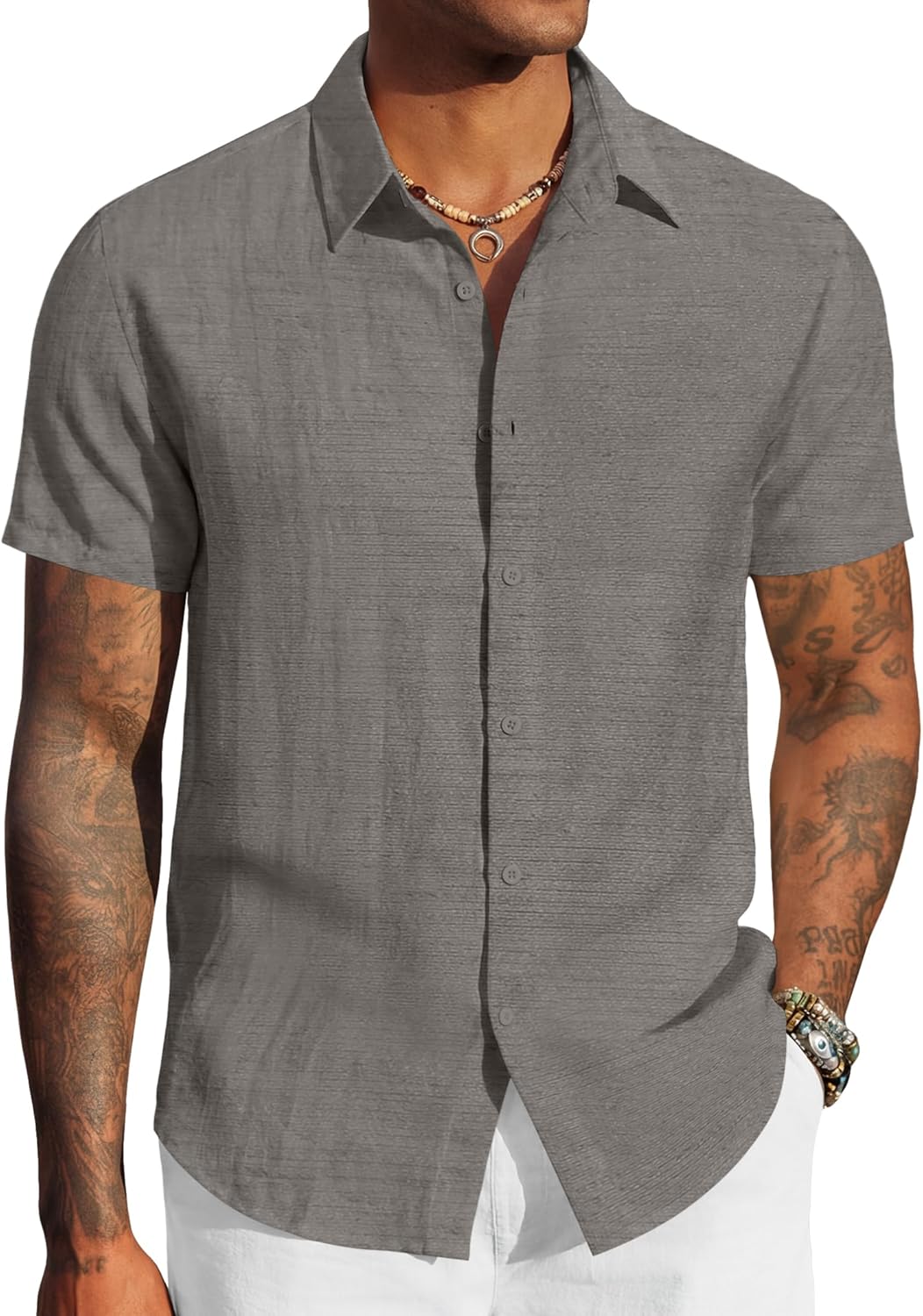 COOFANDY Men's Linen Shirts Short Sleeve Casual Button Down Shirts Beach Summer Wedding Tops