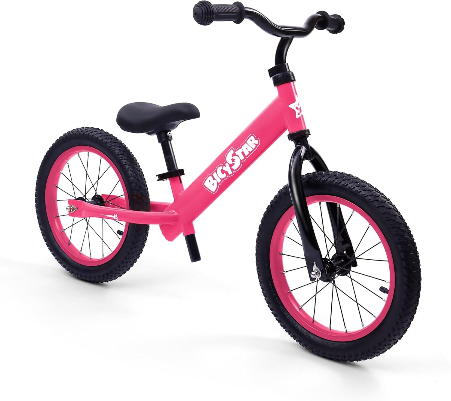 Bicystar 14 Inch Balance Bike for Kids 3-6 Year Old, No Pedals, Air Rubber Tires, Adjustable Height, Pedalless Bicycle for Boys, Girls, Pink