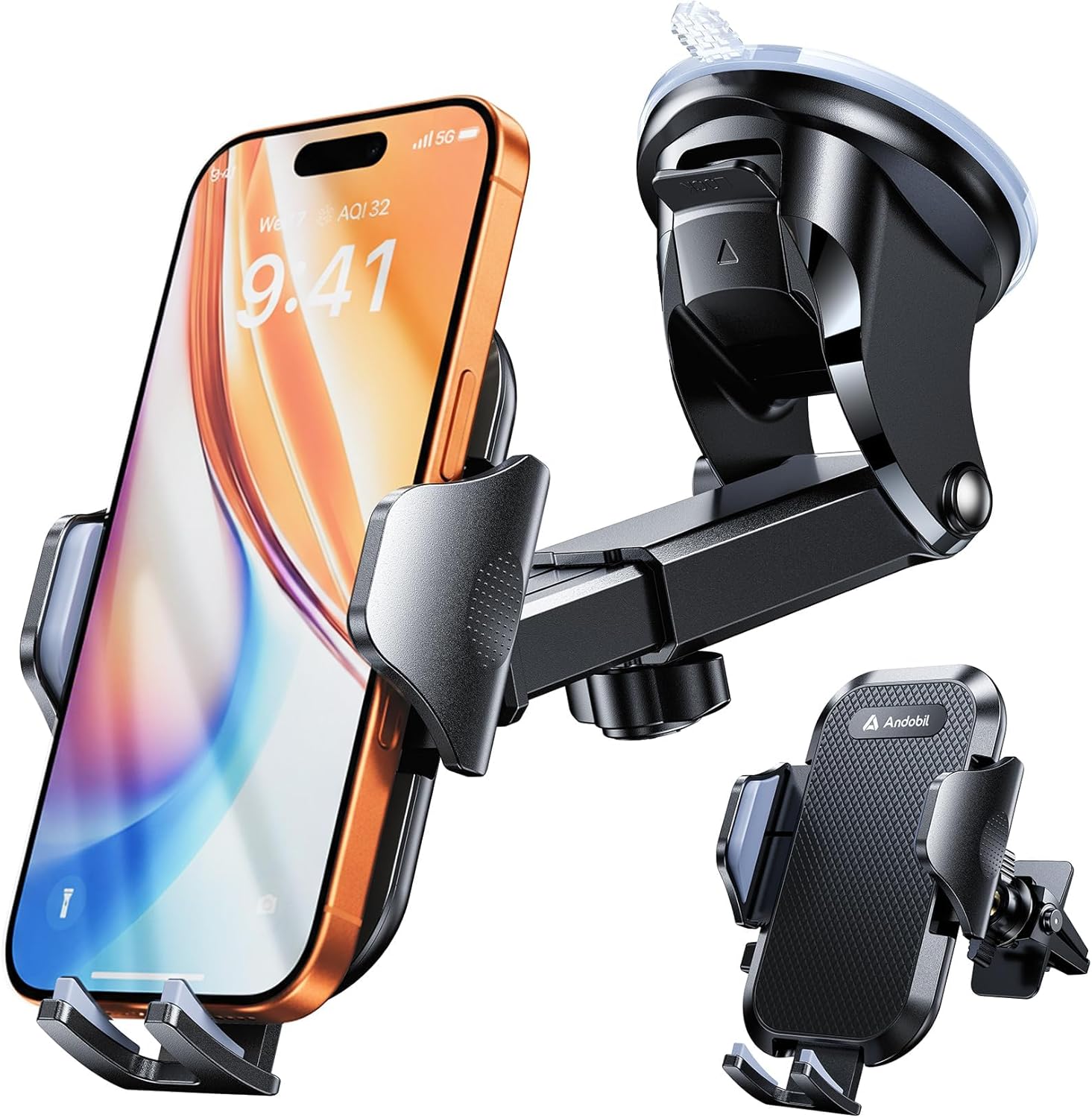 andobil 【True Military-Grade Phone Holders for Your Car 【89+ LBS Strongest Suction &amp; Clip】 2026 Ultimate Car Phone Holder, Dashboard Windshield Vent Cell Phone Car Mount for iPhone Sumsung Android