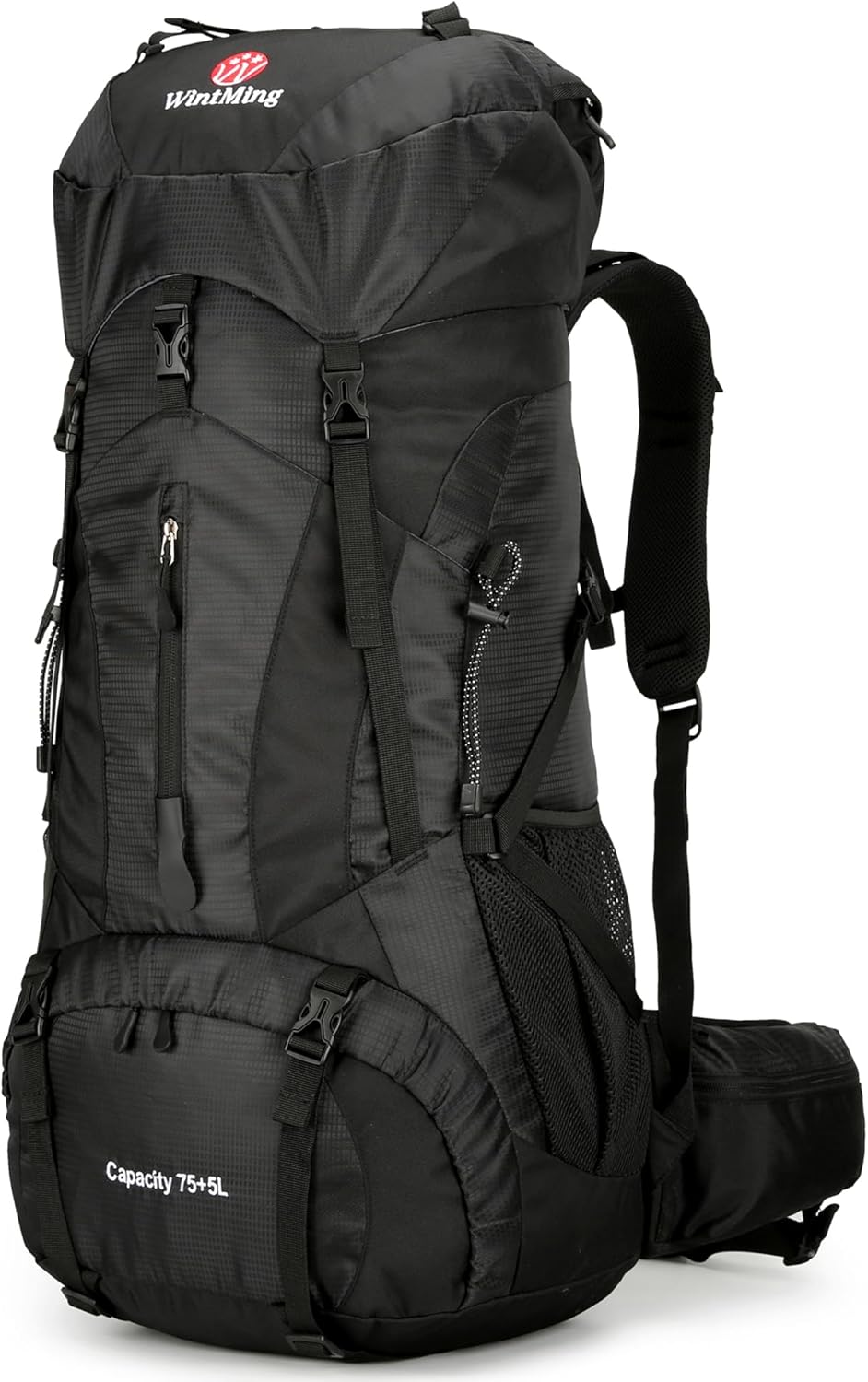 W WINTMING 75L Hiking Backpack with Rain Cover Waterproof Camping Backpack Shoes Warehouse for Men Women, Frameless