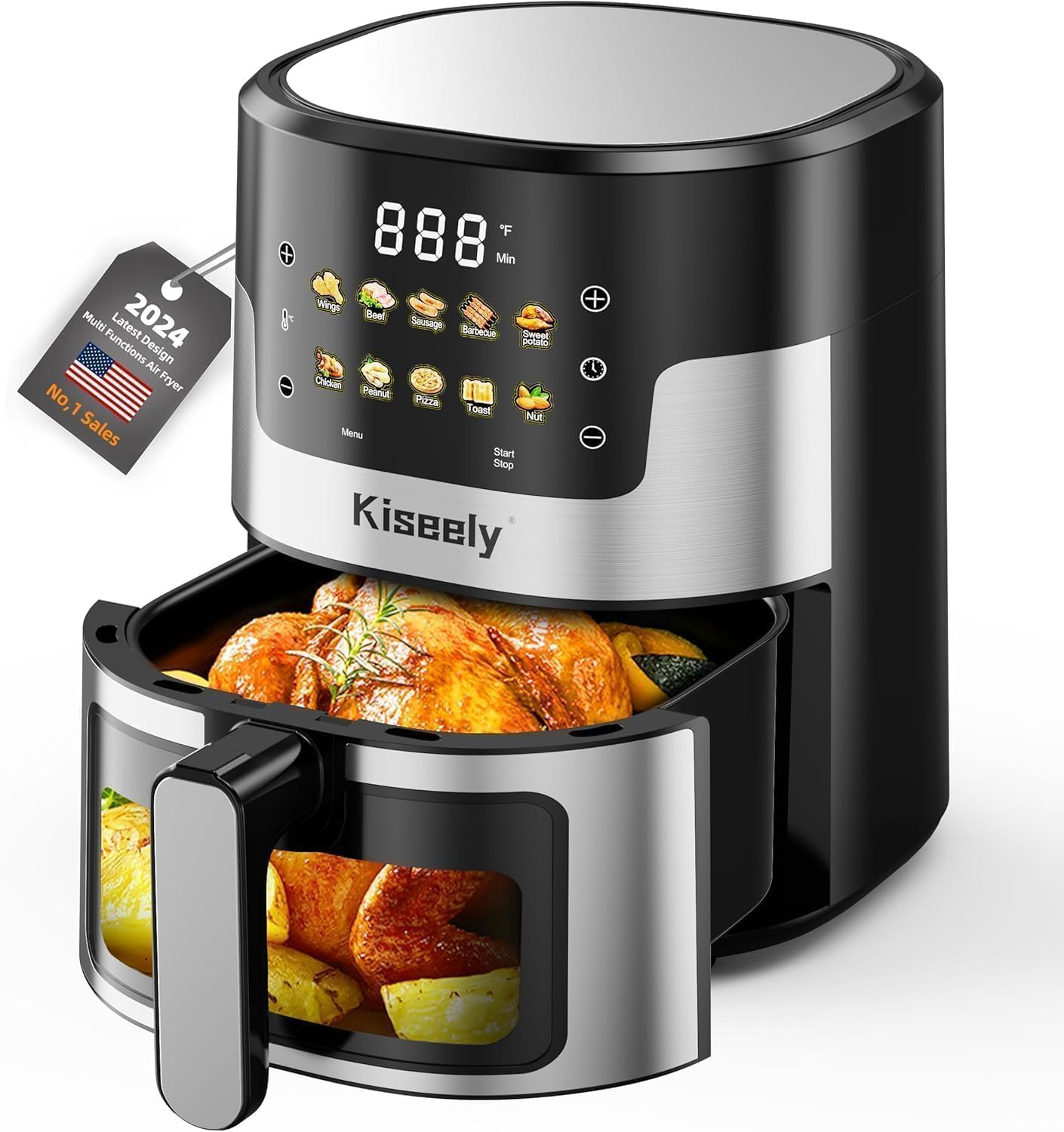 Air Fryer, 6 QT Air Fryers with Glass Touch Screen, Clear Windows, 10-in-1 Stainless Air Fryer Oven with Auto Shut-Off Time &amp; Temperature Control for Roast, Bake, Broil, Keep Warm (BQ1)