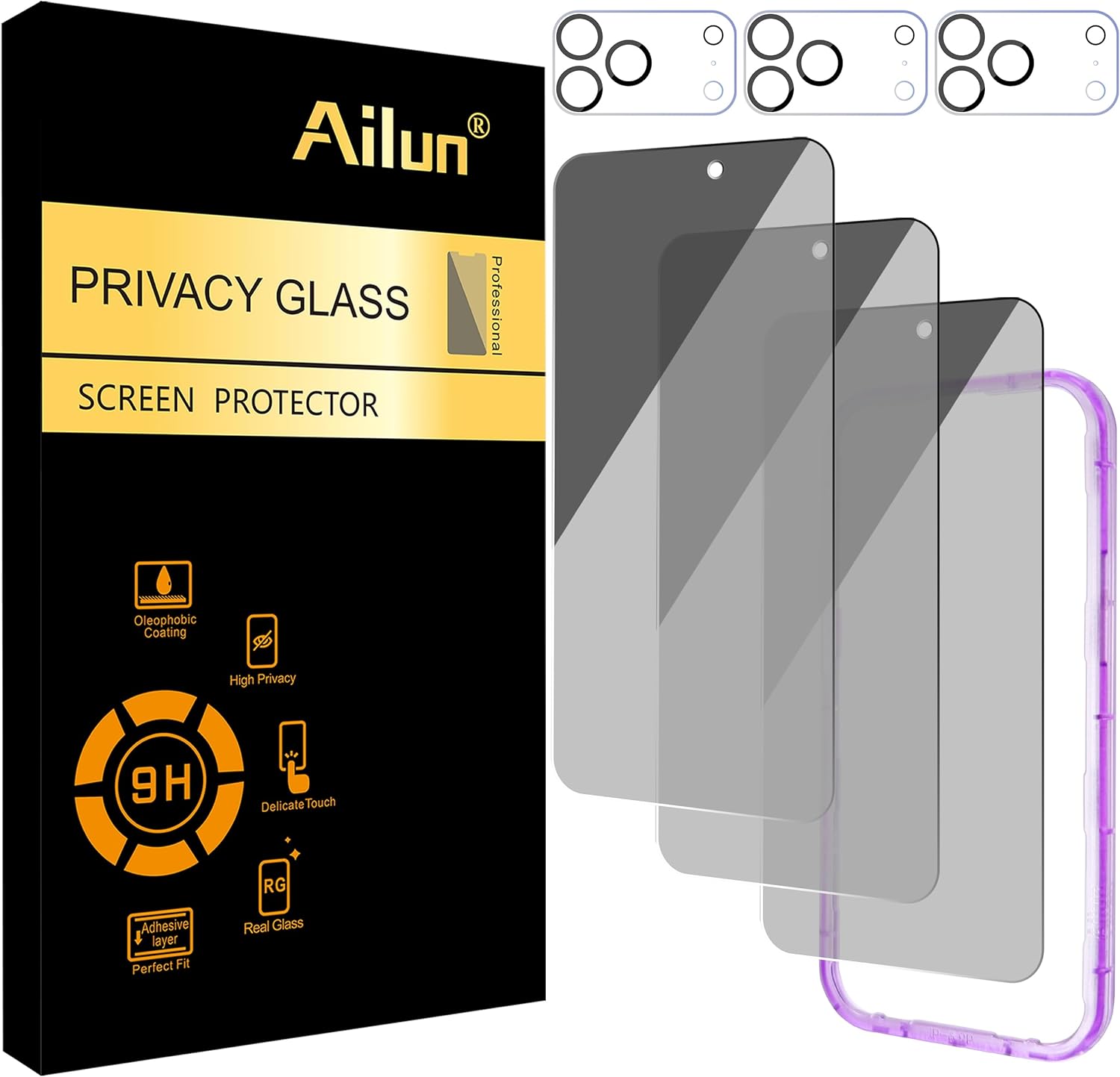 Ailun 3 Pack for iPhone 17 Pro Max Privacy Screen Protector [6.9 inch]+ 3 Pack Camera Lens Protector with Installation Frame,Dynamic Island Compatible,Anti Spy Tempered Glass[9H Hardness]-HD