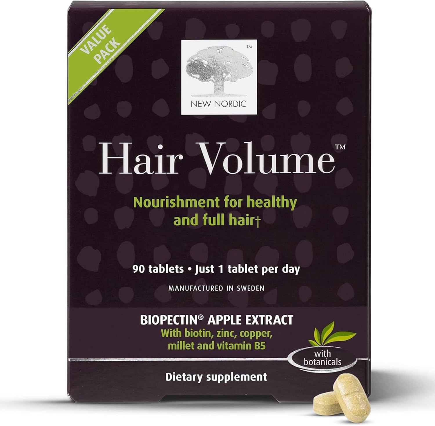 NEW NORDIC Hair Volume Tablets, 3000 mcg Biotin &amp; Biopectin Apple Extract, Hair Vitamins to Support Natural Hair Growth, 90 Count (Pack of 1)