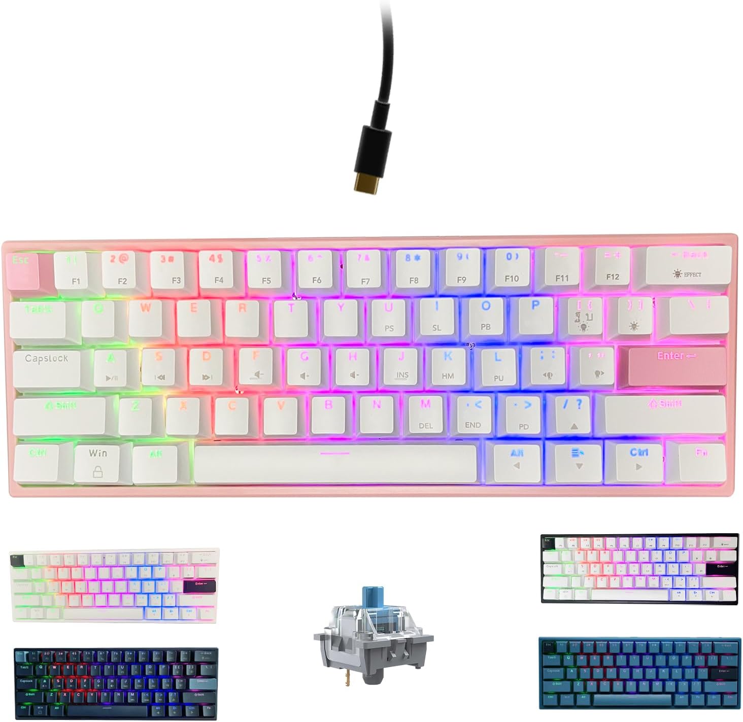 ONE-UP Portable 60% Mechanical Gaming Keyboard LED Backlit Compact 61 Keys Mini Wired Office Keyboard with Blue Switch PBT Keycaps for Windows Laptop PC Mac.（White\/Pink）