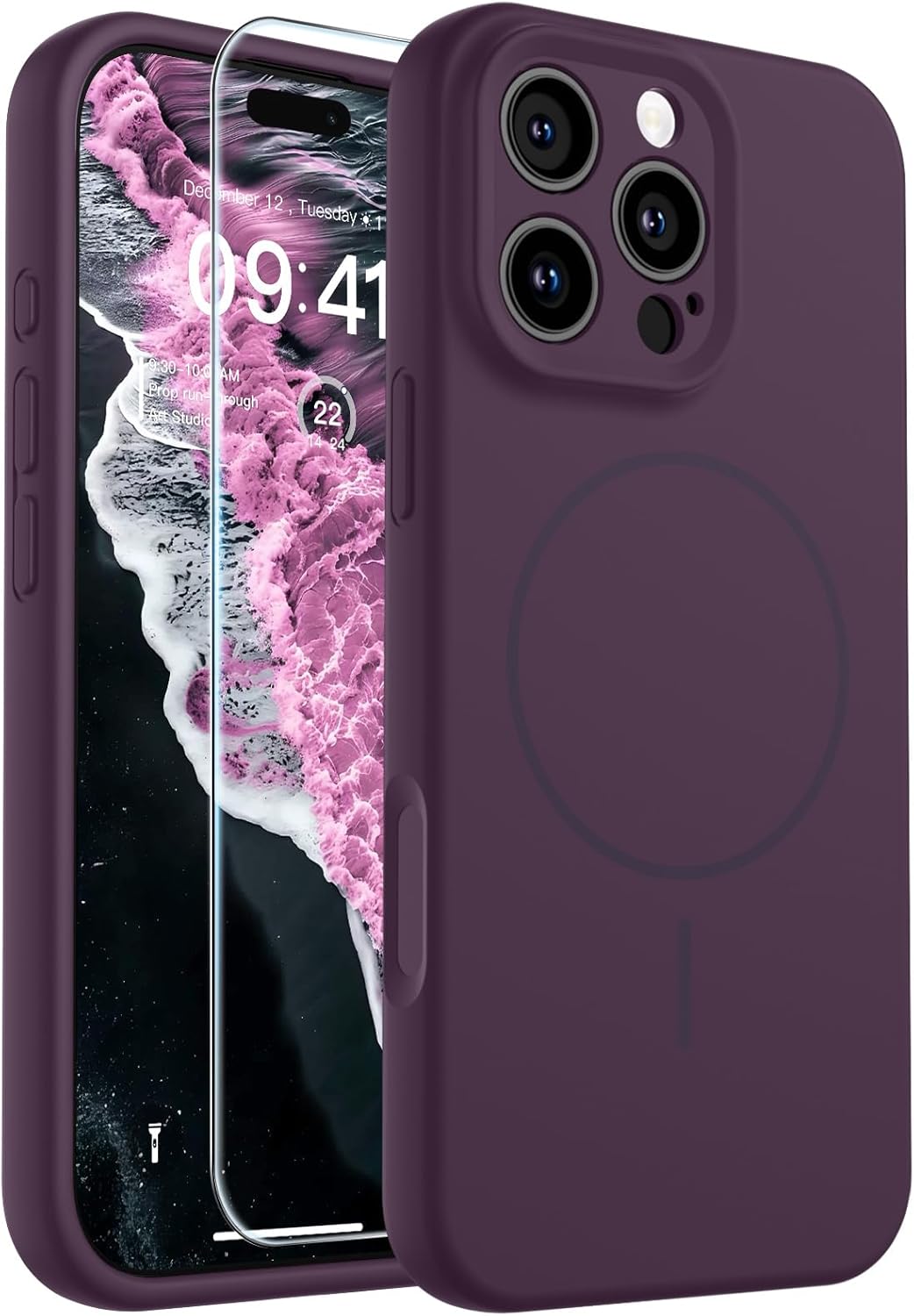 SUPFINE Magnetic for iPhone 16 Pro Max Case, Compatible with MagSafe, Full Camera Protection with Screen Protector, Silicone Shockproof Phone Cover with Anti-Scratch Microfiber Lining,Dark Purple