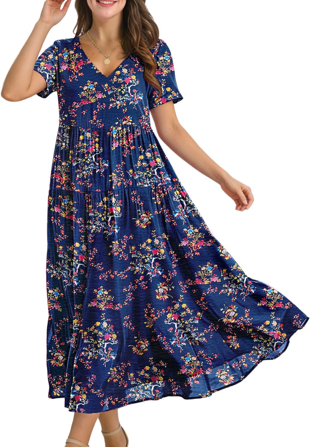 YESNO Women's Summer Maxi Dresses Casual Floral Short Sleeve V Neck Boho Beach Vacation Swing Dress with Pockets EVF