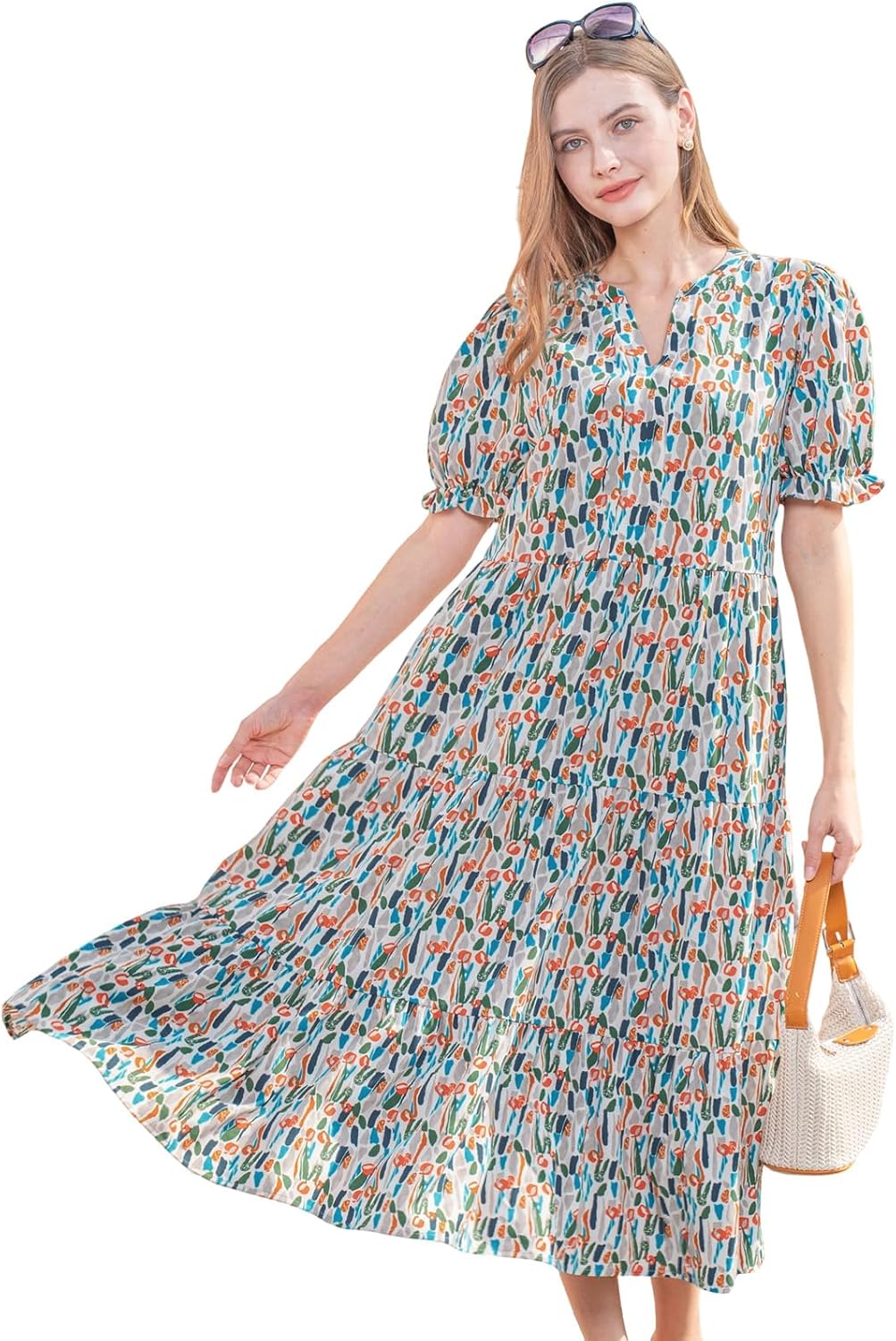 Quatrefox Summer Maxi Dresses for Women 2026 Casual V Neck Puff Short Sleeve Flowy Tiered Beach Boho Long Print Dress