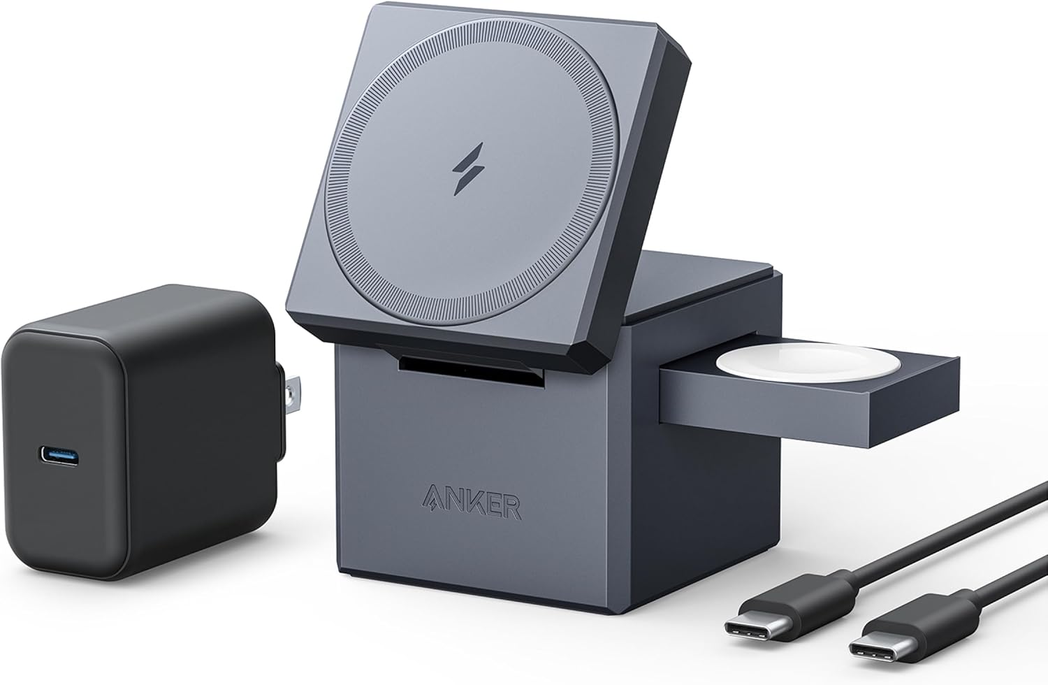Anker MagSafe Charger Stand, iPhone 17 Wireless Charger, 3-in-1 Cube with MagSafe, 15W Foldable Fast Charging Stand, for iPhone 17\/16\/15, Apple Watch 1-8\/Ultra, AirPods (30W USB-C Charger Included)