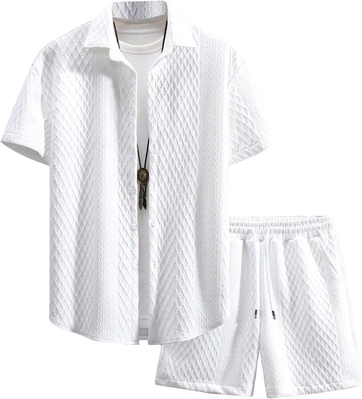 GORGLITTER Men's 2 Piece Outfits Waffle Knit Button Down Shirt Top and Shorts Set