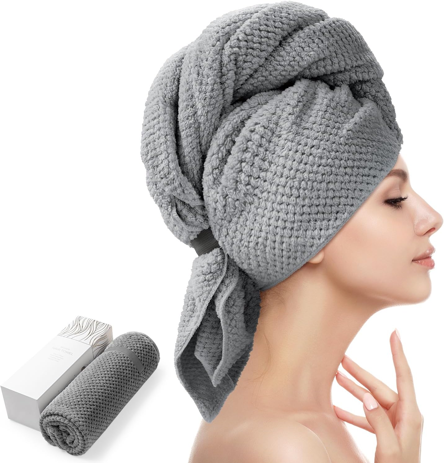 YFONG Large Hair Towel Wrap for Women, Super Absorbent Microfiber Hair Towel for Curly Hair, Fast Drying Hair Turbans with Elastic,Hair Drying Towel Wrap for Hair Care 26.3" X 40" (Dark Gray)