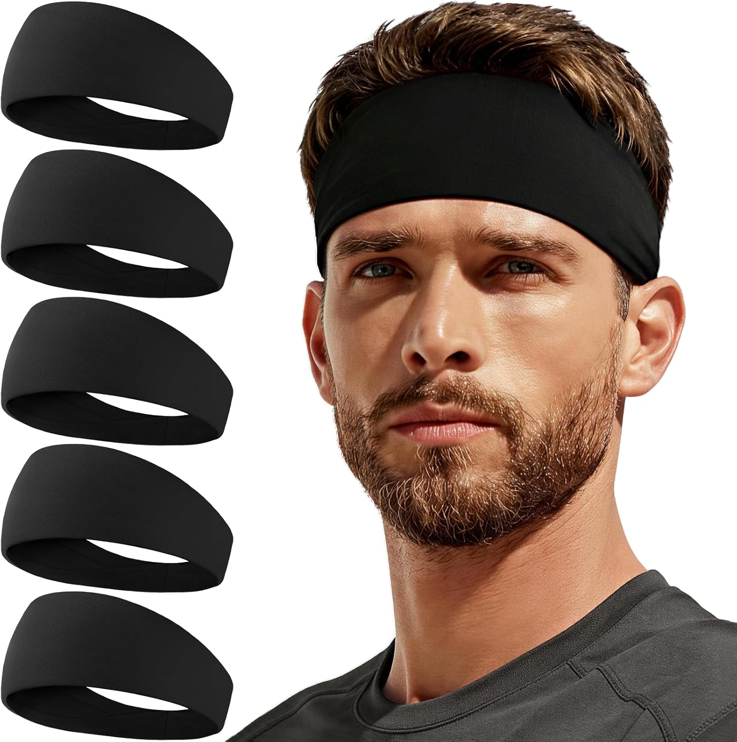 CYPERROCK 5 Pack Running Headbands, Workout Sweat Band Moisture Wicking Sports Headband for Men\/Women