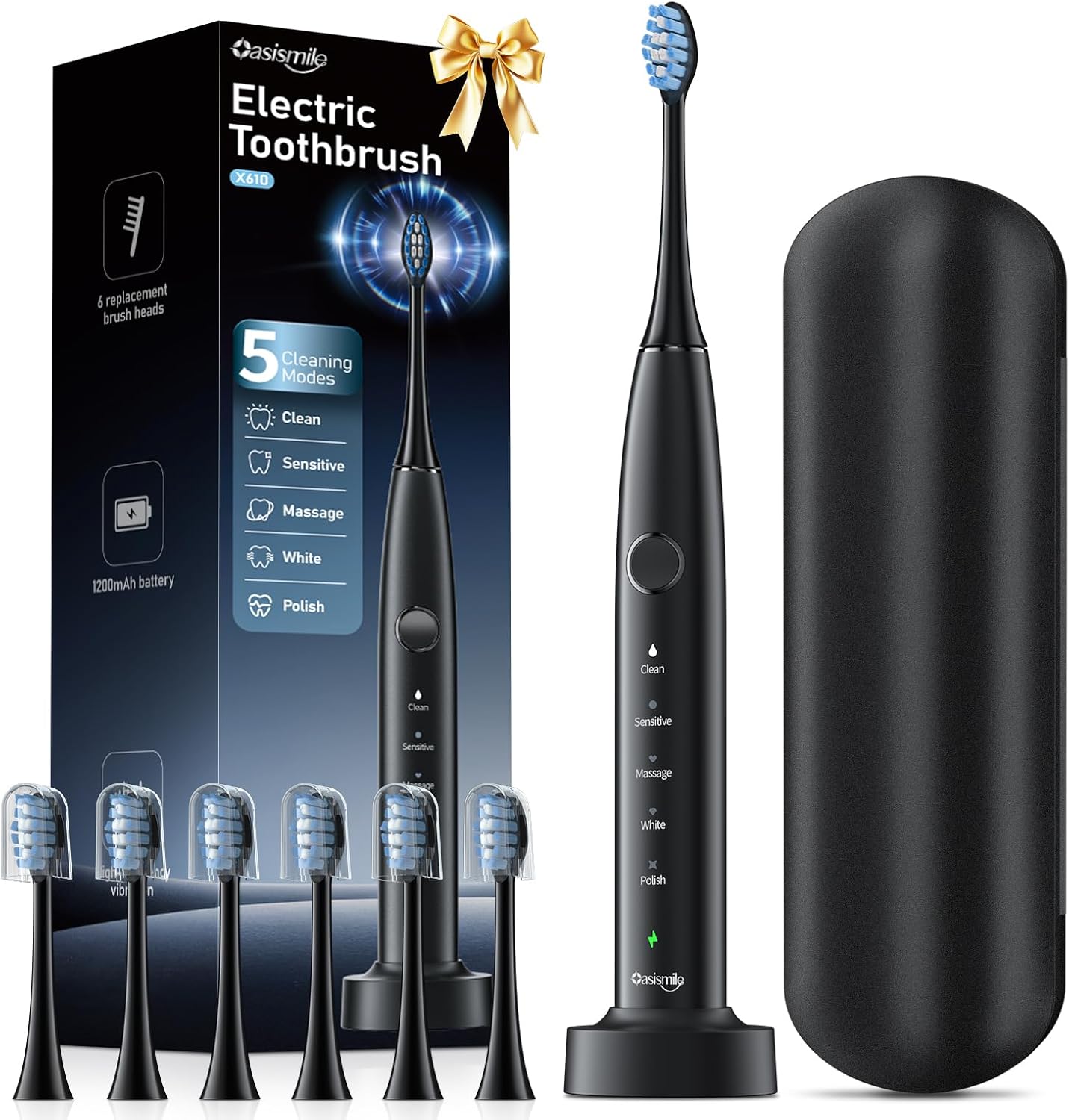 OasiSmile Electric Toothbrush for Adults, 42000 VPM Sonic Toothbrush with Travel Case, 5 Modes for Sensitive Teeth and Braces, 6 Brush Heads, Wireless Charging, 100-Day Battery Life for Home Travel