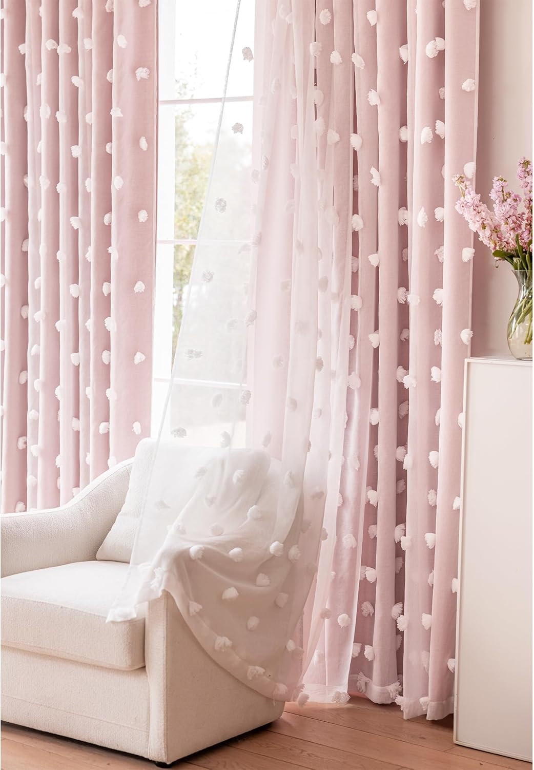 Fiokle Pink Curtains for Girls Bedroom 2 Panels Double Layer Blackout Nursery Curtain with Fluffy Floral Design Pom Pom Sheer Drapery, Room Darkening Window Drapes with Grommet &amp; Back Tab, 52x84 I