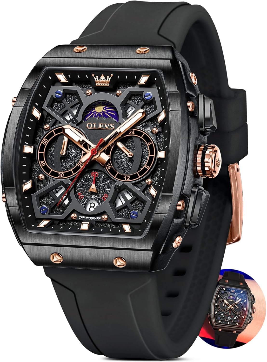 OLEVS Mens Watches Luxury,Silicon Strap Watches for Men,Chronograph Waterproof Business Large Face Tonneau Quartz Fashion Men\u2019s Wrist Watch Dress Relojes para Hombres(Red\/Yellow\/Black\/White St