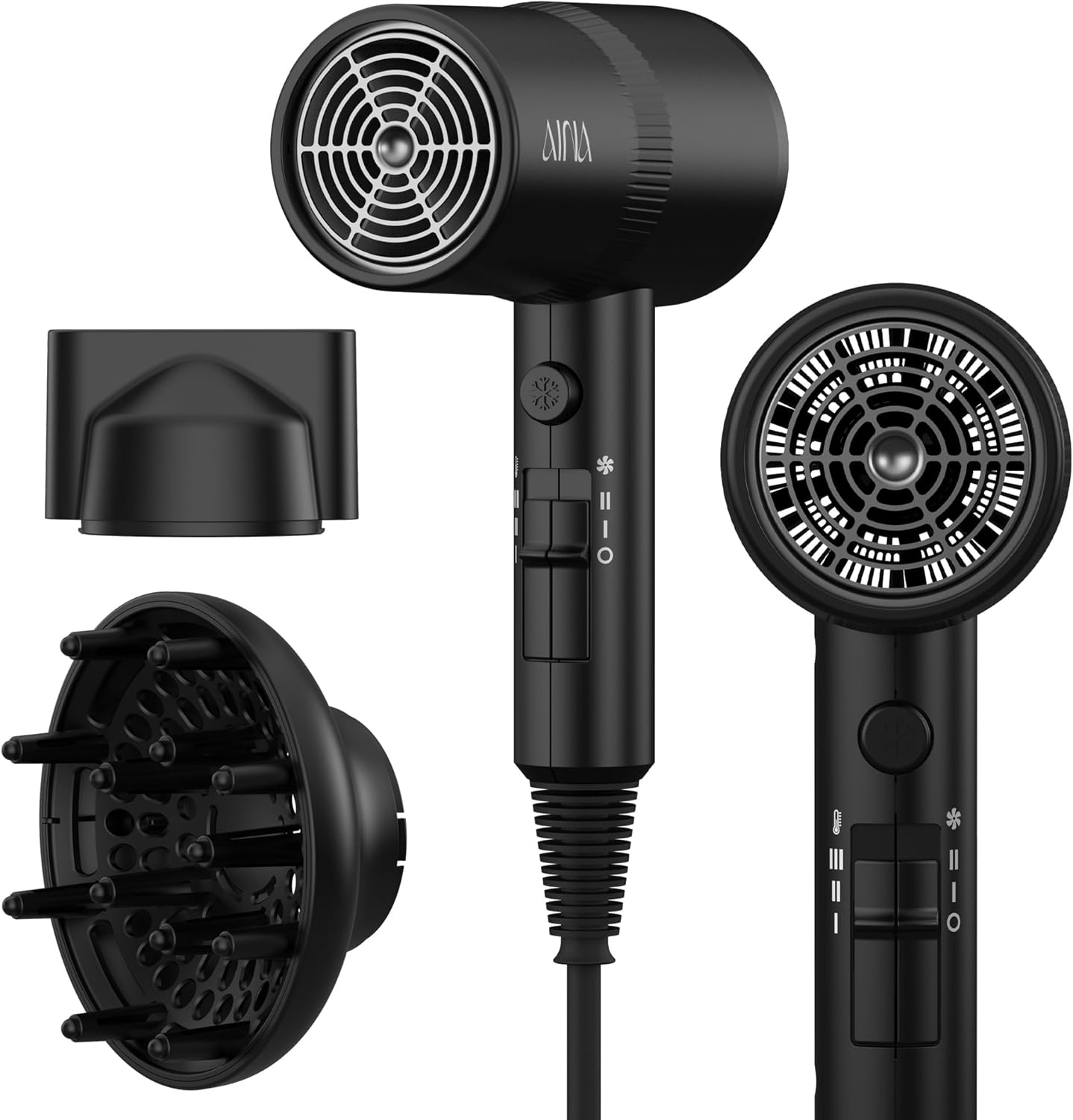 AINA Hair Dryer with Diffuser, Blow Dryer for Women | Advanced Ionic Technology, Ceramic Coating | Cold Shot Features Turbo Heat for Fast Drying and Shine 110V\/ALCI (Vader Black)