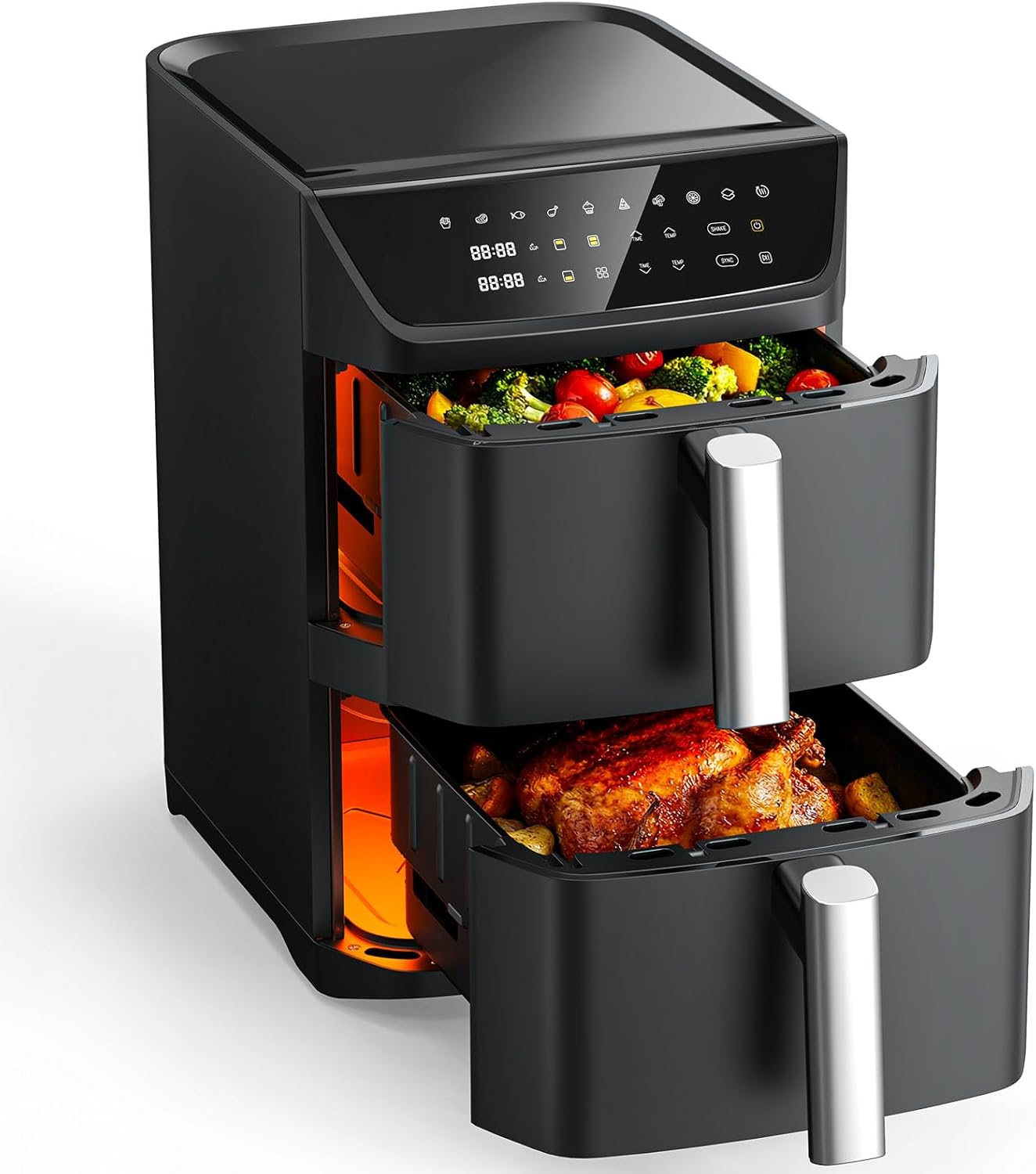 Dual Basket Air Fryer, 12.6QT Family-Size for 10\u201312 People, XL Basket for 6LB Whole Chicken, DoubleStack Compact Design, 10-in-1 Functions with Reheat, Dehydrate &amp; SyncFinish, Dishwasher-Safe