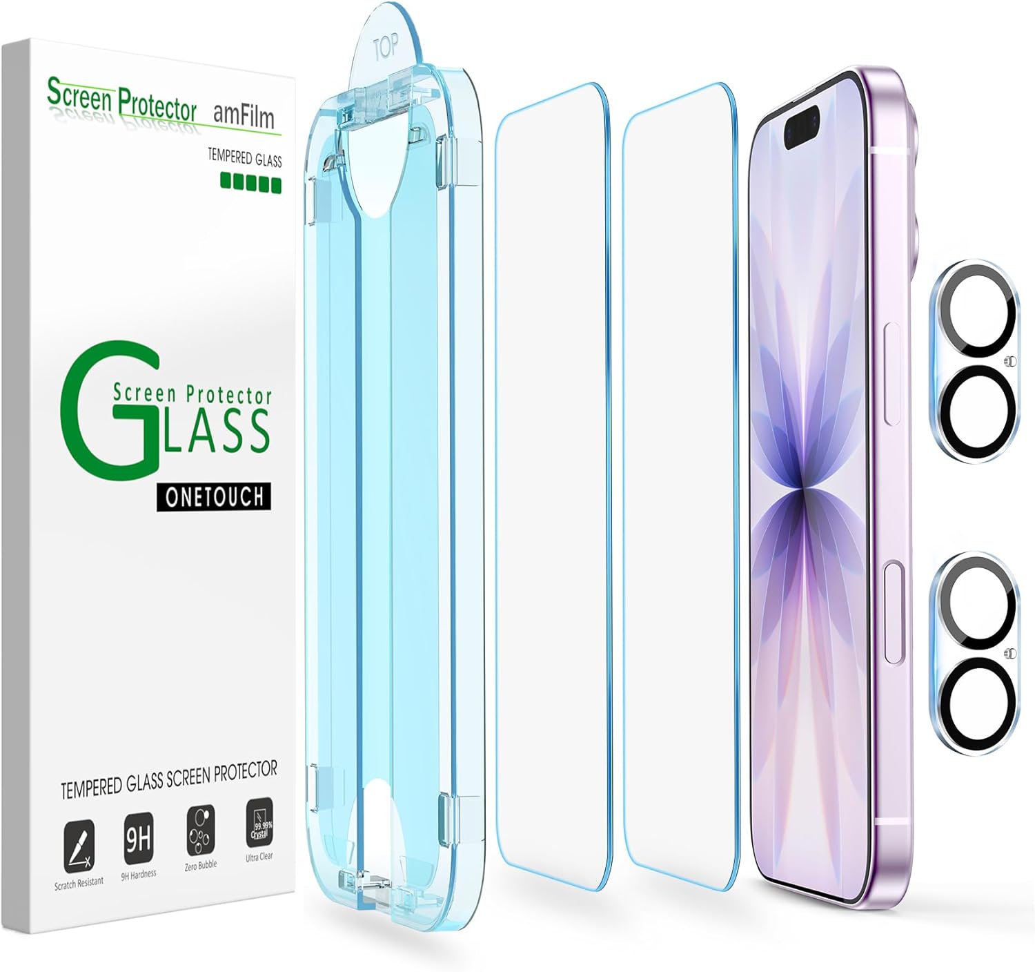 amFilm OneTouch Screen Protector for iPhone 17 6.3'' 2025 + Camera Lens Protector | Auto-Alignment install | Bubble Free | 9H+ Military-Grade Tempered Glass | FHD Clarity | Case Friendly | 2+2