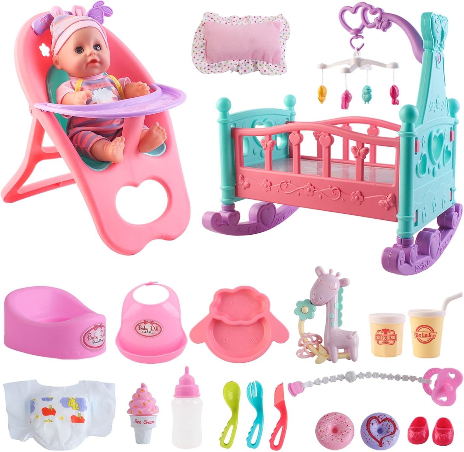 deAO 12\u201D Baby Doll Play Set with Crib, Mobile, High Chair Feeding Accessories, Interactive Dolls for Girls Kids Pretend Play Baby Dolls 21 PCS