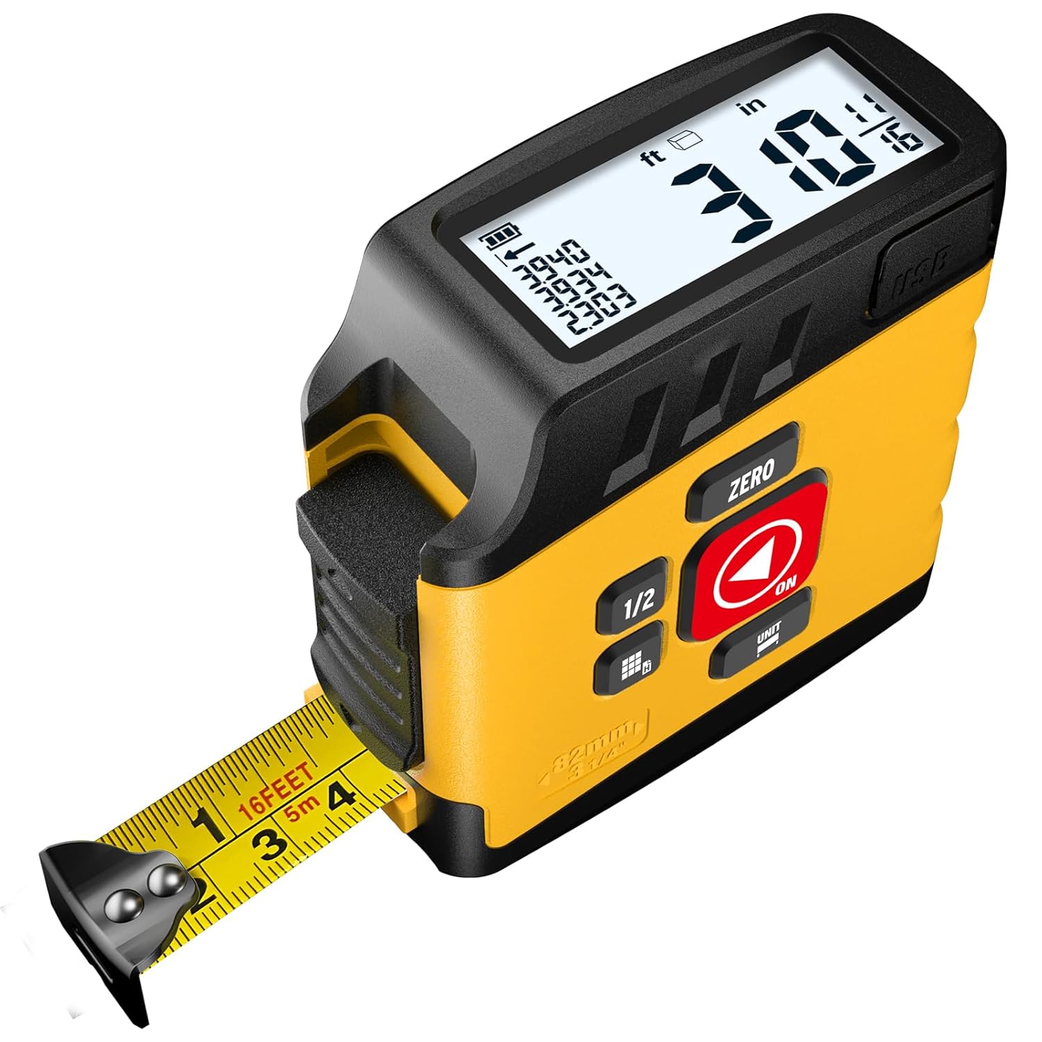 Digital Tape Measure 16 Ft - 6 Metric and Imperial Units, Easy Read Digital Measuring Tape Retractable with Fractions 1\/16, Rechargeable Measurement Tool, for Distance\/Area\/Volume, Yellow