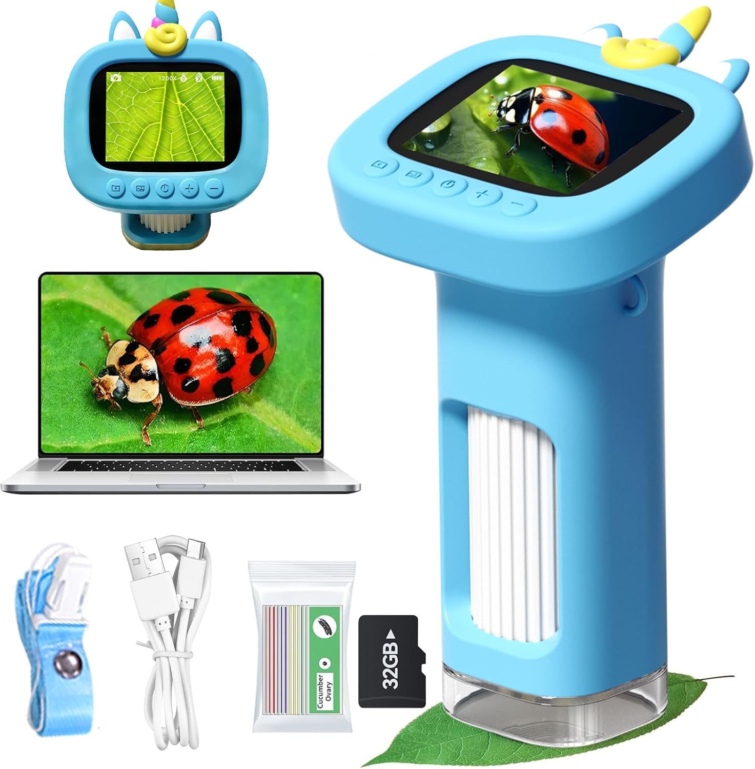 Microscope for Kids, Digital Handheld Kids Microscope with 10 Slides, Photo and Video Mini Portable Pocket Miniscope Science Toys Gifts for 3-12 Age Year Old Boys Girls (Blue)
