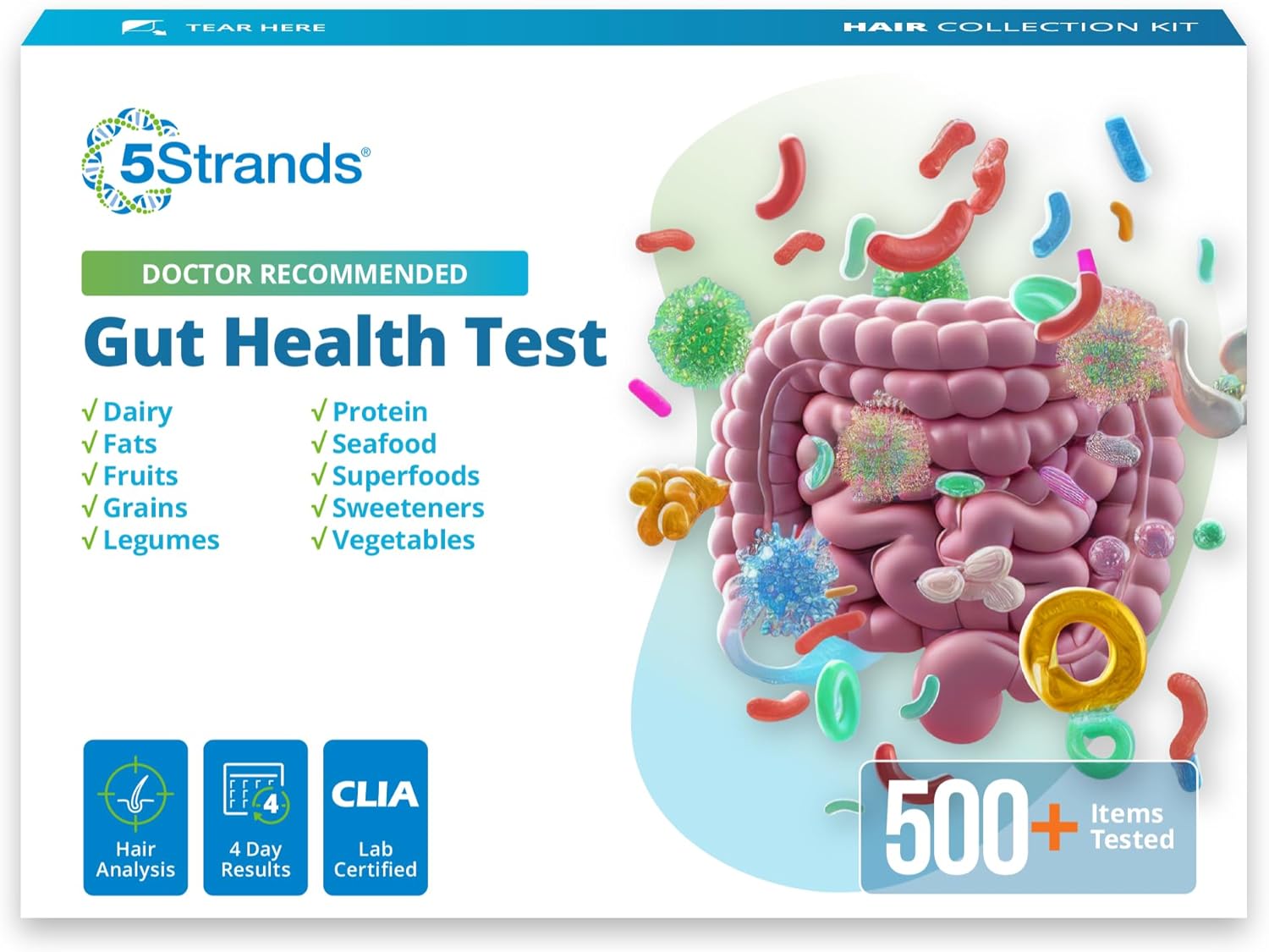 5Strands Gut Health Test for Adults &amp; Kids, 500+ Items Tested, At-Home Hair Sample Screening for Food Intolerances Linked to Digestive Issues, Skin Irritation, Brain Fog &amp; Headaches, Results i