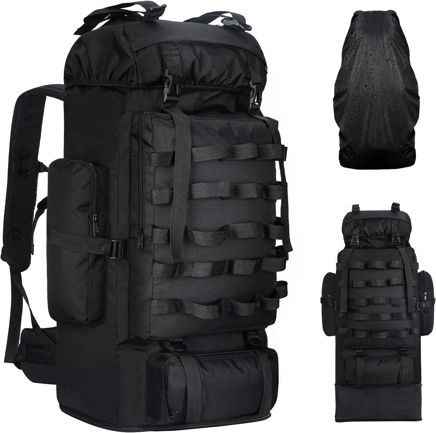 LibSkyln 70L\/100L Camping Hiking Backpack with Rain Cover, Expandable Large Military Tactical Backpack, Waterproof Molle Racksack Travel Backpacking Daypack for Climbing Trekking (Black)