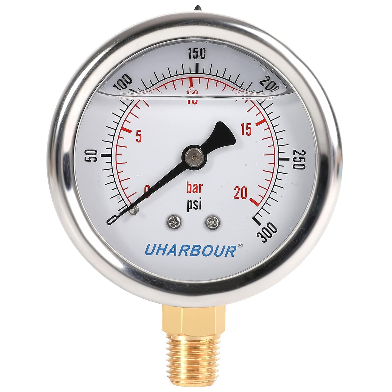 UHARBOUR Glycerin Filled Pressure Gauge 300psi\/20bar, Stainless Steel case, Brass Inside Construction, 2-1\/2" dial, 1\/4" NPT Rear Connection.
