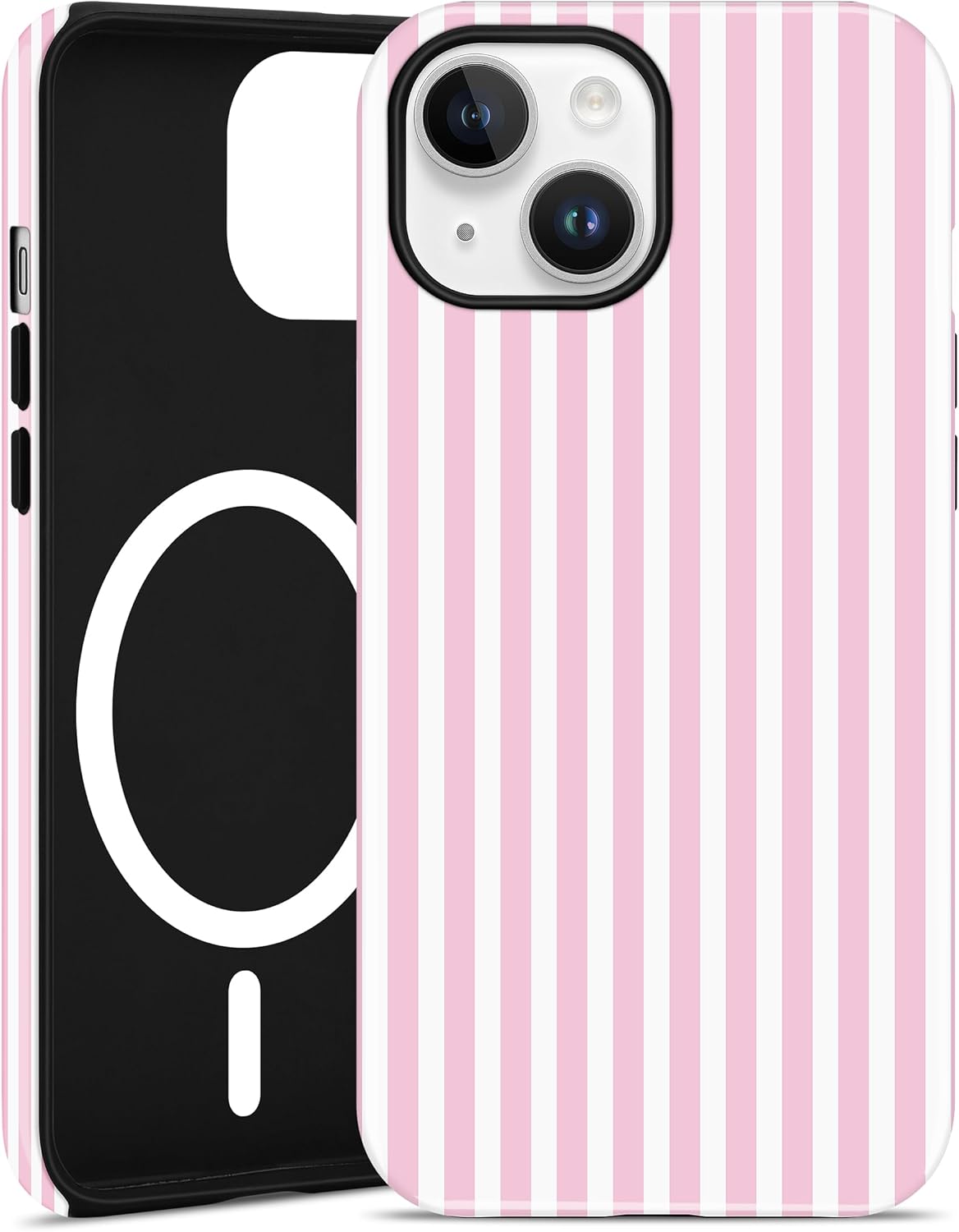 Jusy Compatible with MagSafe Striped Phone Case for iPhone 15, Cute Aesthetic Magnetic Soft TPU and Hard PC Protective Phone Cover for Women Girls (Matte) - Pink and White