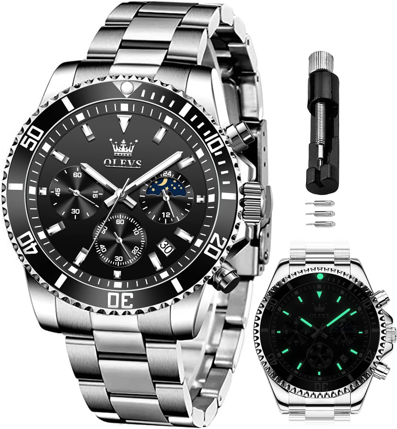 OLEVS Mens Watches Chronograph Luxury Dress Moon Phase Quartz Stainless Steel Waterproof Luminous Business Calendar Wrist Watch