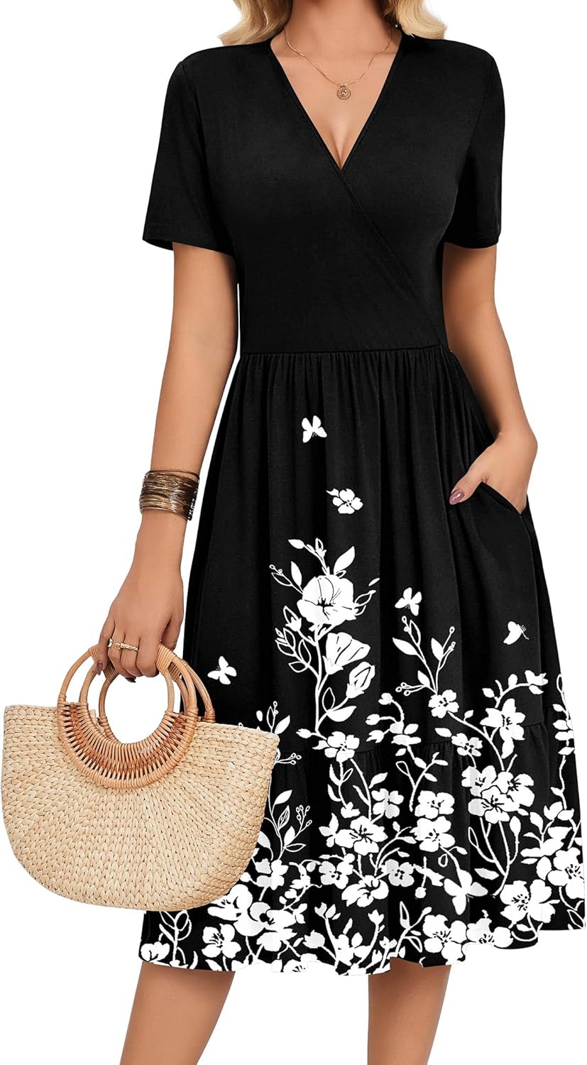 Zeagoo Womens Summer Casual Dresses Short Sleeve Midi Warp V-Neck Floral Dress with Pockets Tiered Flowy A Line Sundress