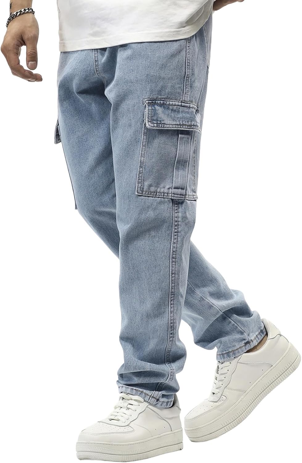 JMIERR Men's Elastic Waist Cargo Jeans Stretch Denim Pants with Drawstring Relaxed Fit for Casual Daily Wear
