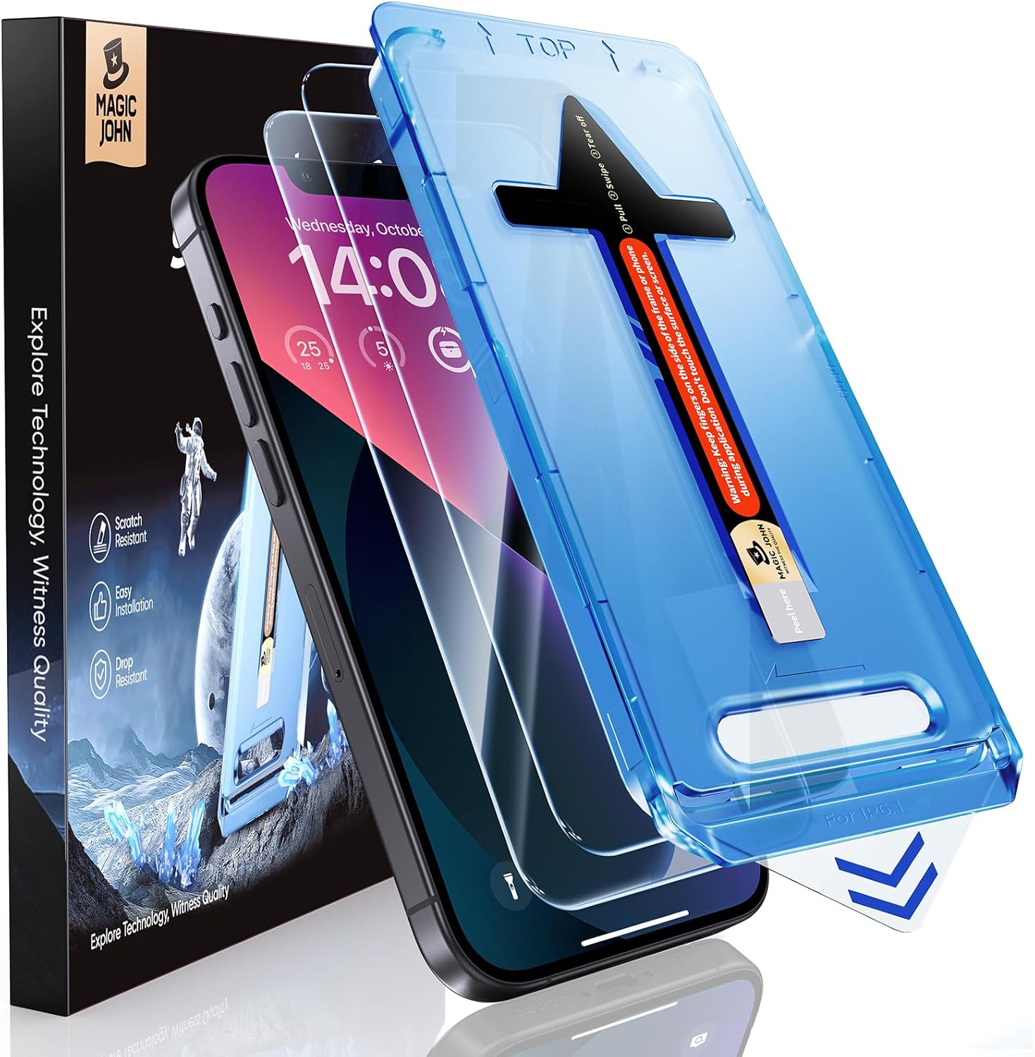 MAGIC JOHN 2 Pack for iPhone 13\/14&amp; iPhone 13 Pro 6.1 inch Tempered Glass Screen Protector, Auto Dust-Elimination, Bubble Free, HD Clear, Easy Installation