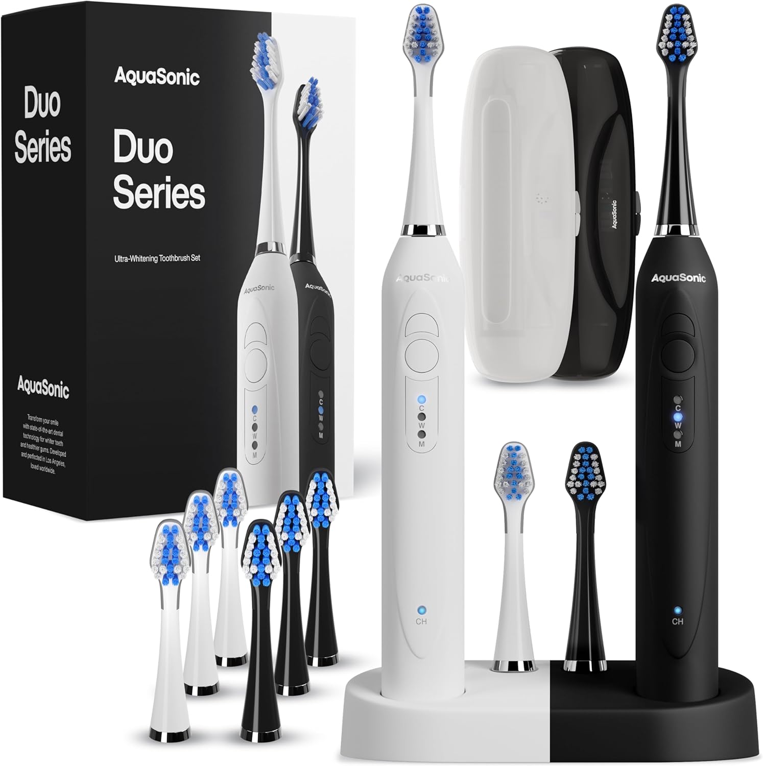 Aquasonic Duo - Dual Handle Ultra Whitening 40,000 VPM Wireless Charging Electric ToothBrushes - 3 Modes with Smart Timers - 10 Dupont Brush Heads &amp; 2 Travel Cases Included