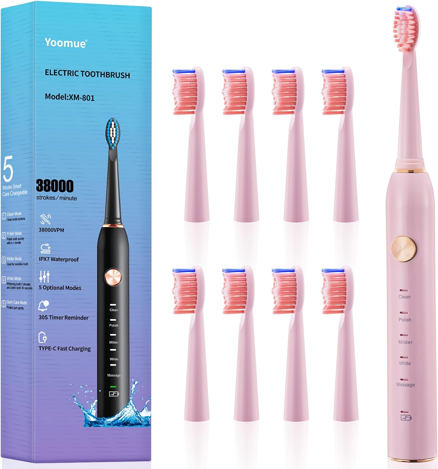Yoomue Sonic Electric Toothbrush for Adults &amp; Kids - 5 High-Performance Modes, 8 Replacement Heads, 2.5-Hour Fast Charge, Built-in Smart 2-Minute Timer, IPX7 Waterproof, 35 Day Battery Life - Pink