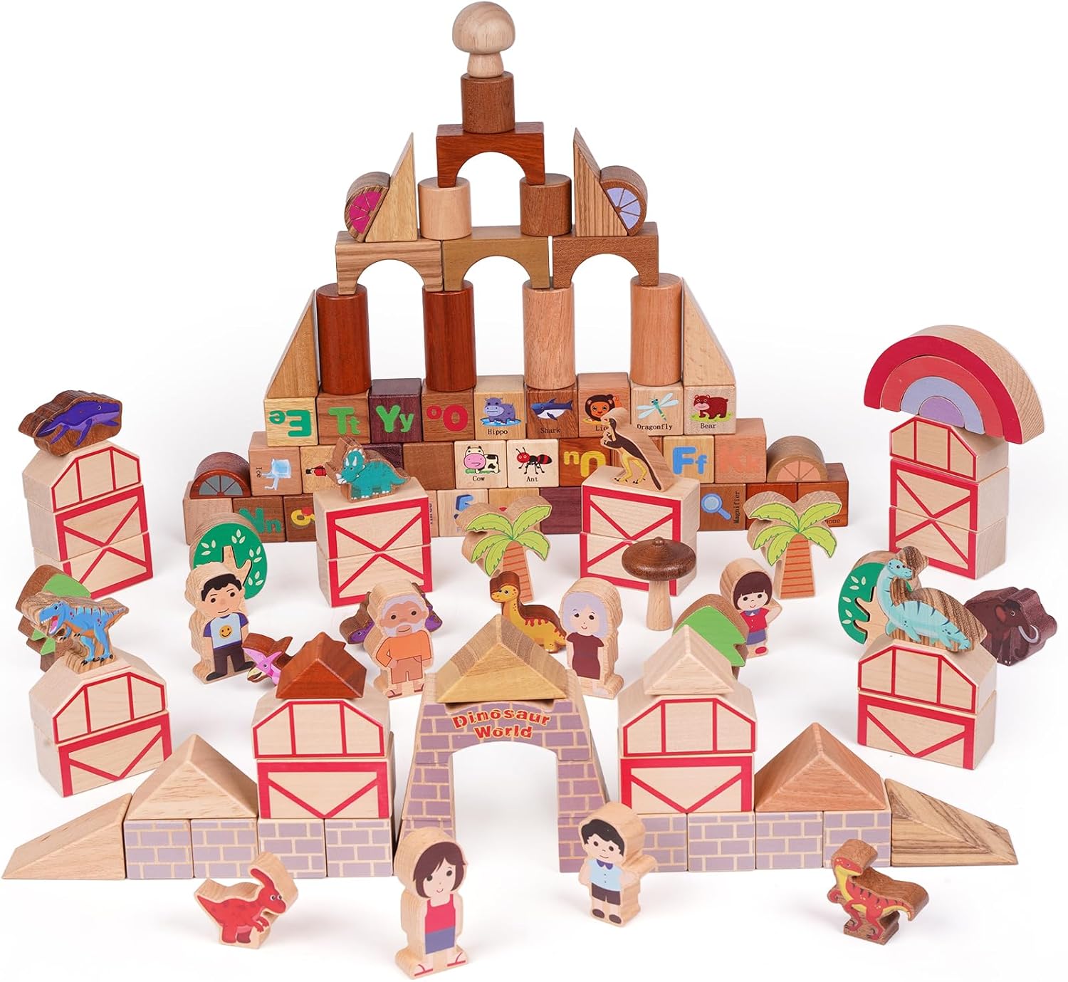 GHOOI 145-Piece Wooden Dinosaur Park Building Blocks Set \u2013 Montessori Educational Construction Toy Made from 10 Premium Hardwoods, STEM Learning Blocks for Toddlers &amp; Kids Ages 3\u20136