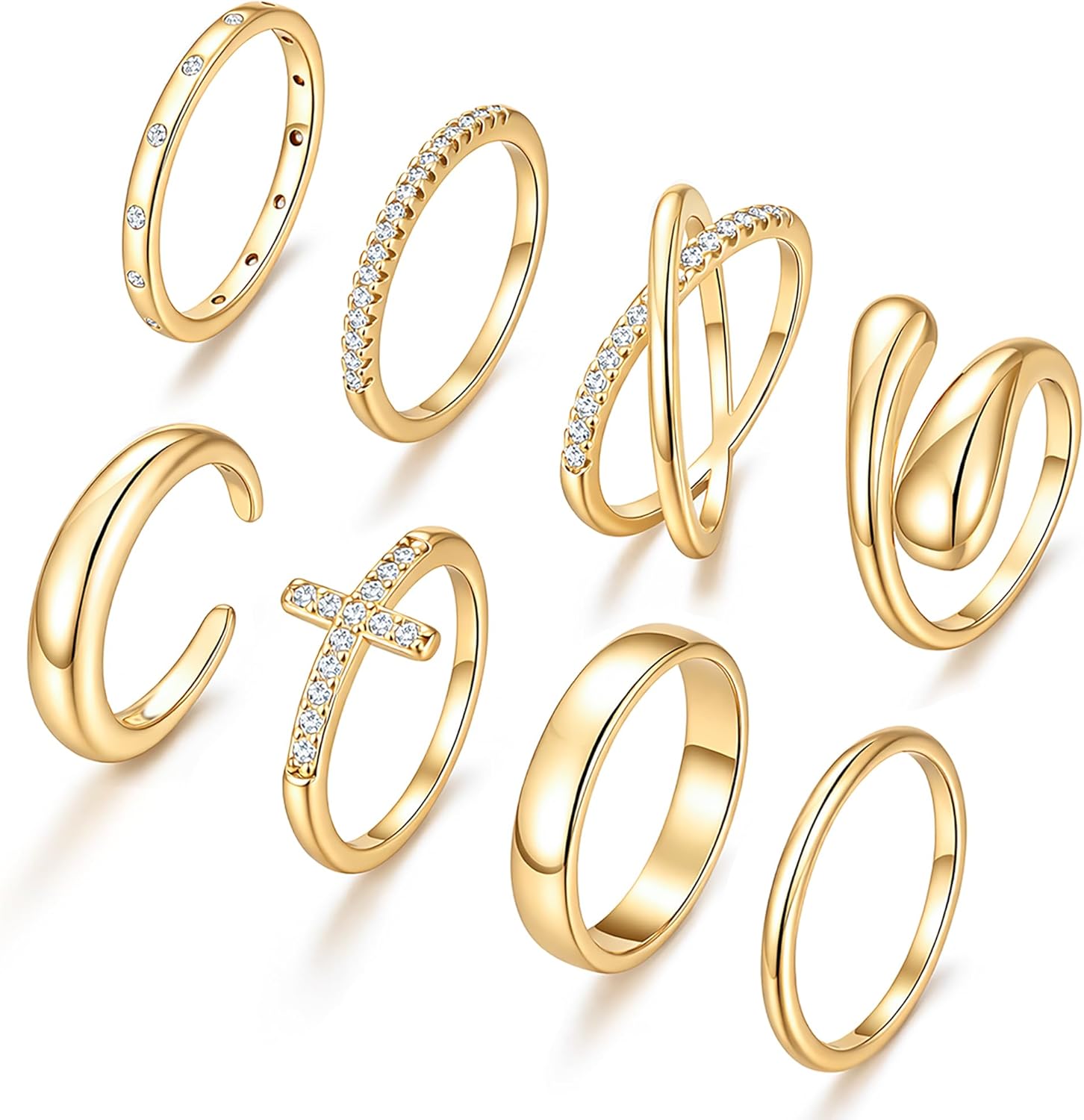 iF YOU Non Tarnish Chunky Gold Rings for Women, 14K Gold Plated Dainty Stackable Cross Cubic Zirconia Ring Set, Knuckle Stacking Pinky Thumb Ring Statement Wedding Bands Jewelry Size 4.5-10